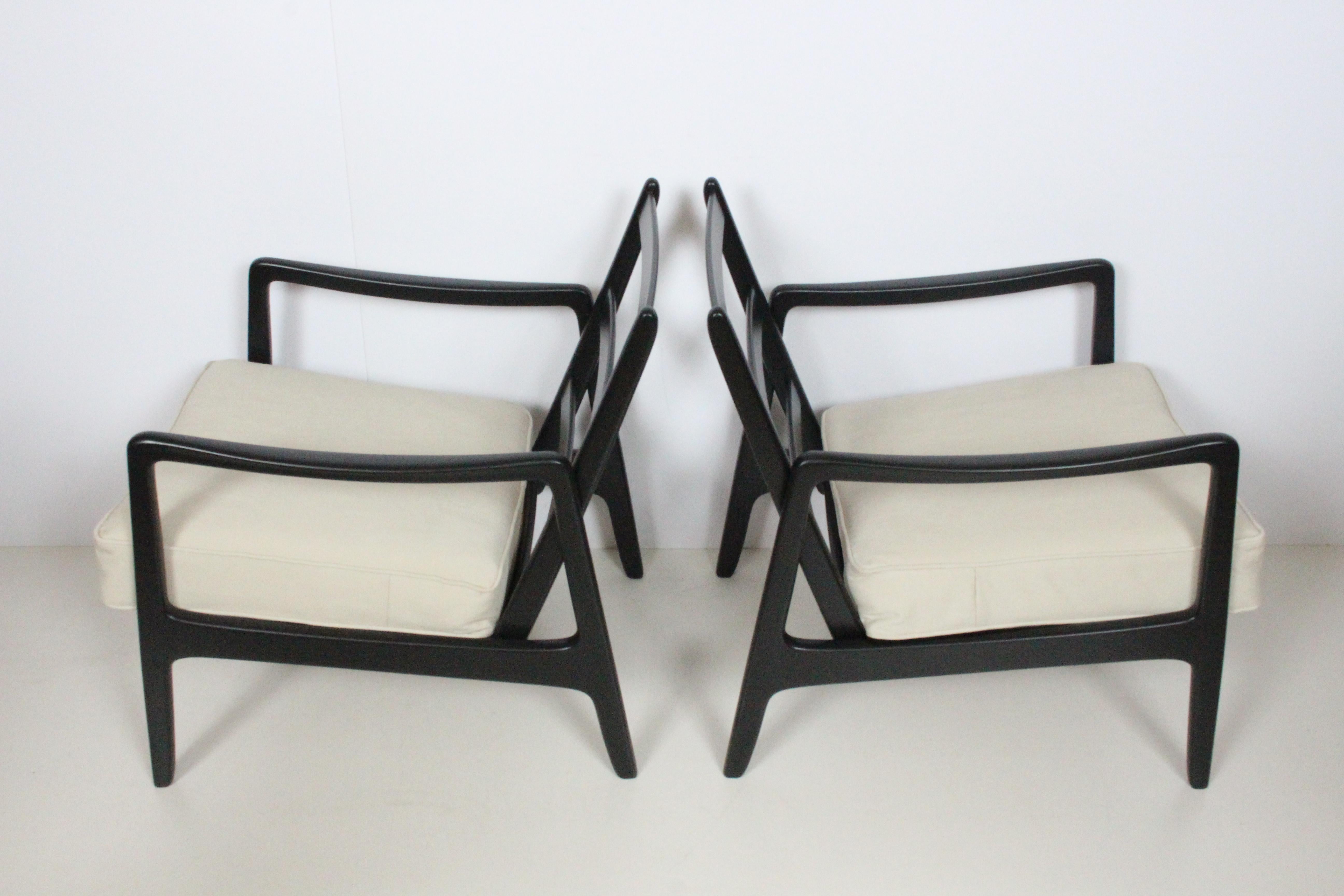 Fabric Early Pair of Ole Wanscher Ebonized Mahogany Lounge Chairs, 1950's For Sale
