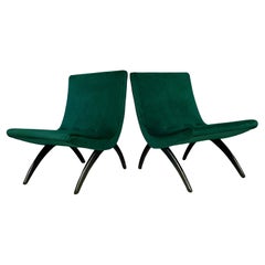 Early Pair of Scoop Chairs Ebonized Legs, Velvet Upholstery Milo Baughman Style Early Pair of Scoop Chairs Ebonized Legs, Velvet Upholstery Milo Baughman Style