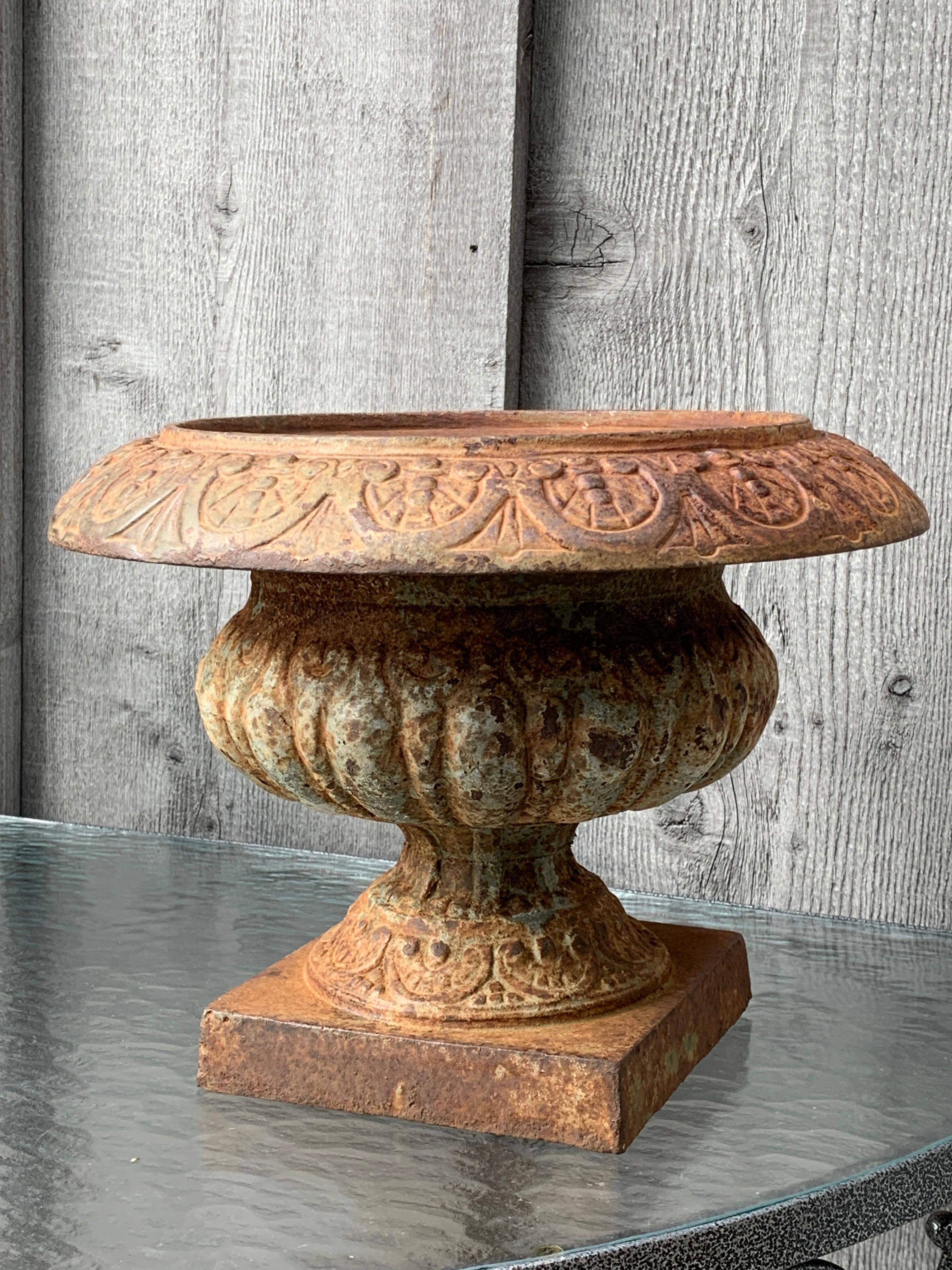 Early pair of small cast iron urns on a footed pedestal. Wonderful aged patina.