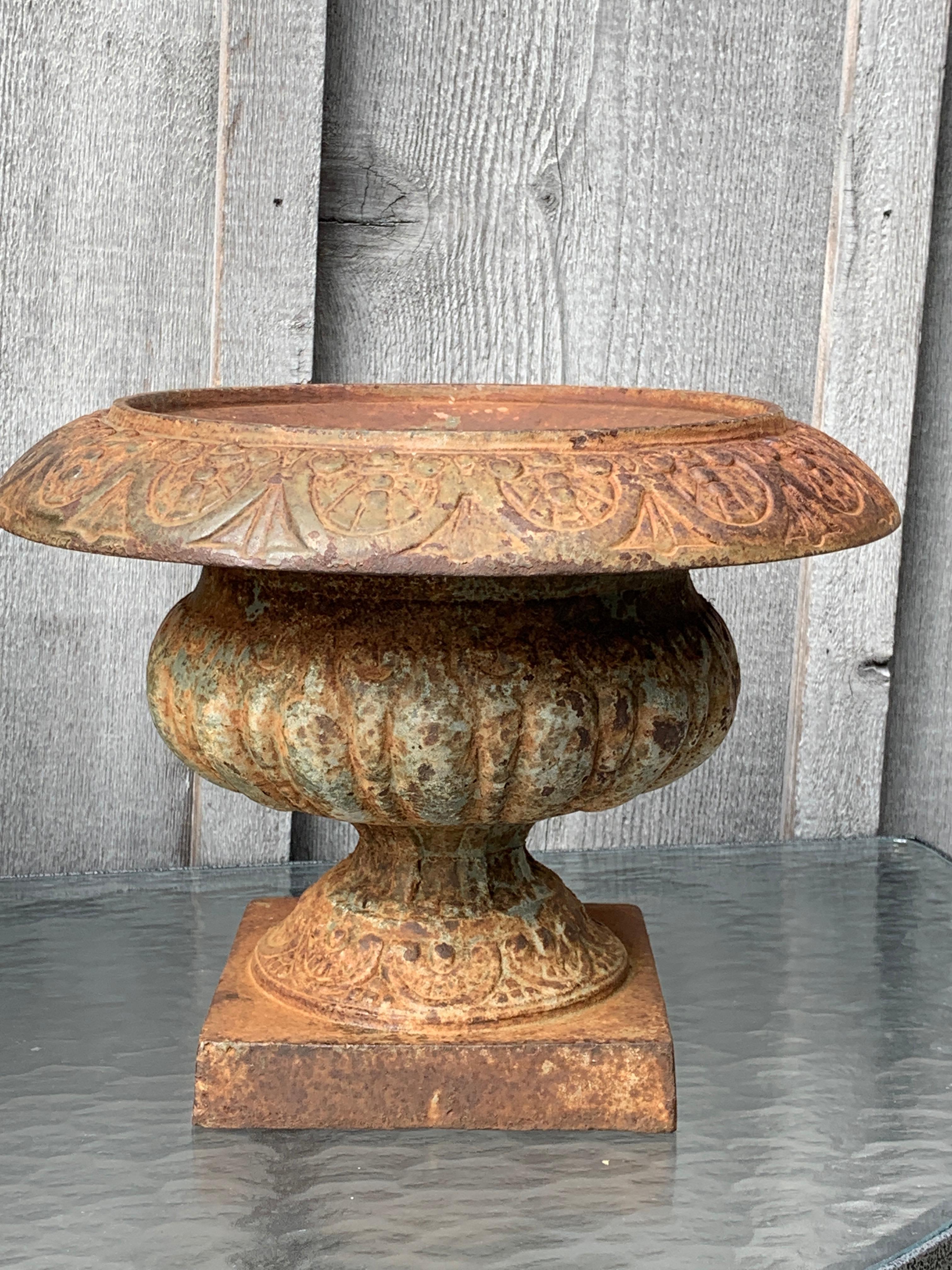 Early Pair of Small Cast Iron Pedestal Urns In Good Condition For Sale In Southampton, NY