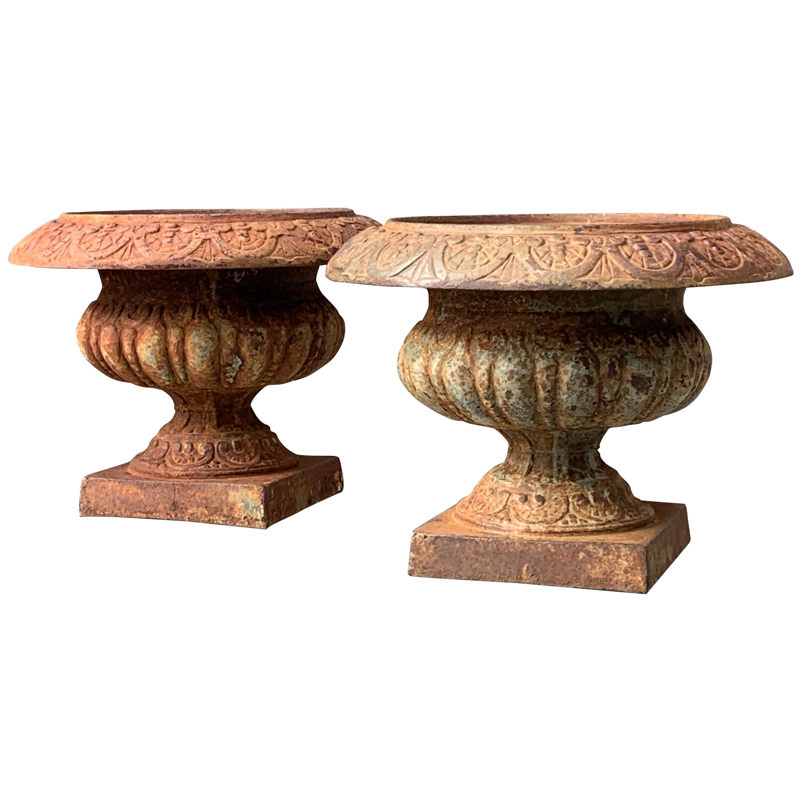Early Pair of Small Cast Iron Pedestal Urns For Sale