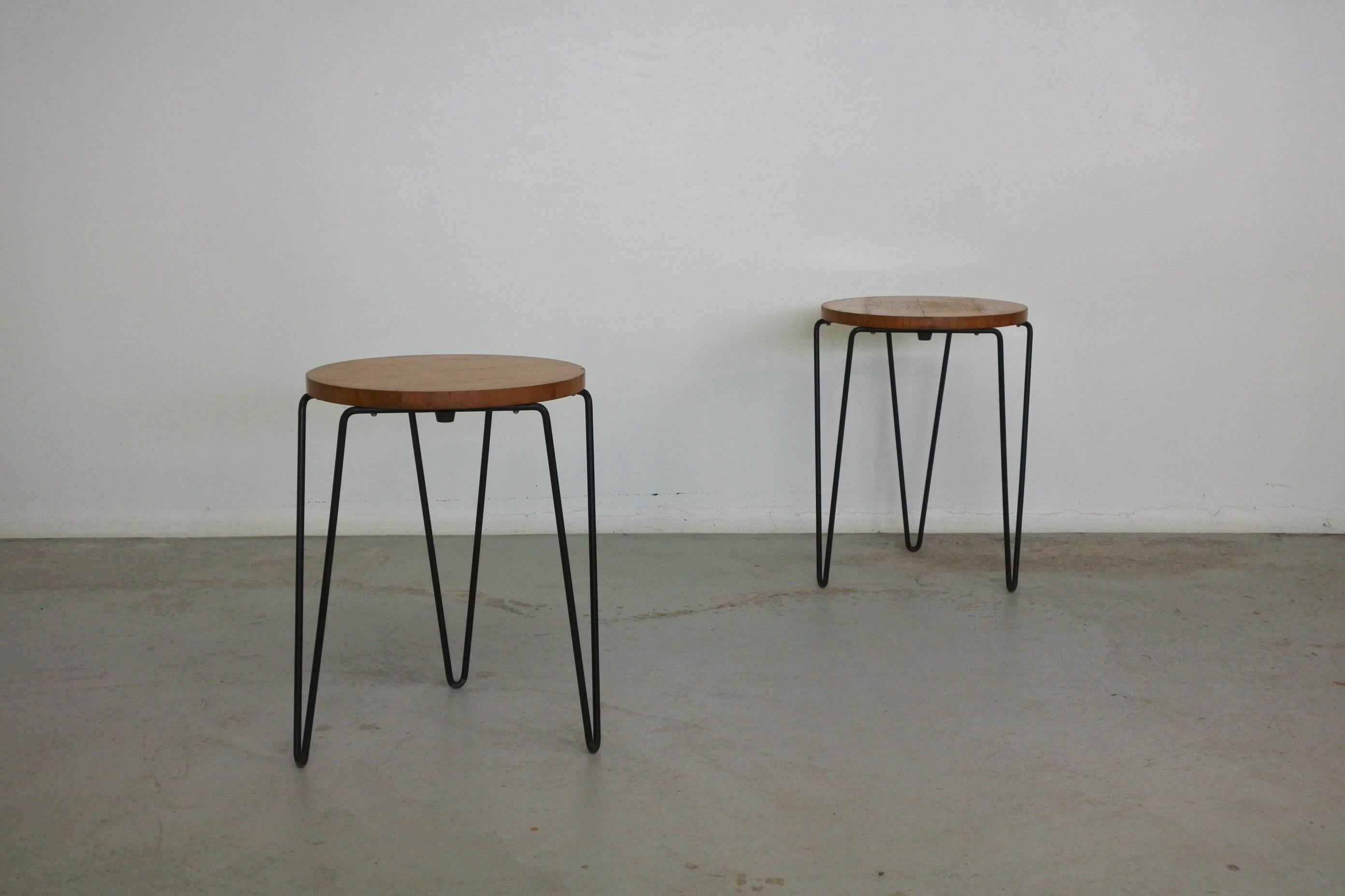 Veneer Early Pair of Stackable Stools Model 75 by Florence Knoll, 1950s