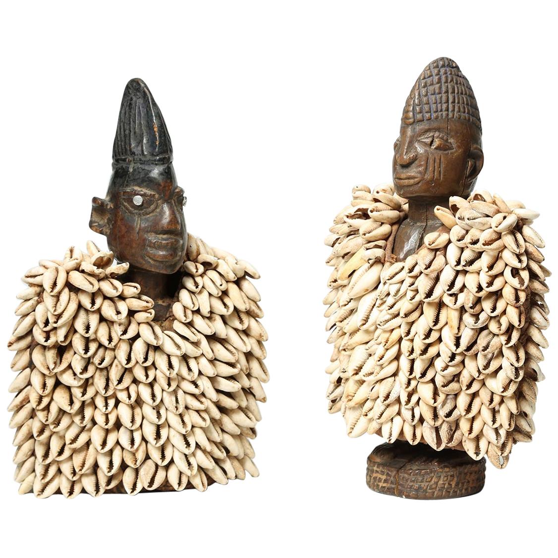 Early Pair of Yoruba Tribal Ibeji "Twin" Figures with Cowrie Cloaks, Nigeria