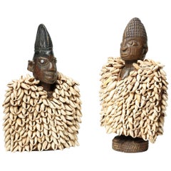 Early Pair of Yoruba Tribal Ibeji "Twin" Figures with Cowrie Cloaks, Nigeria