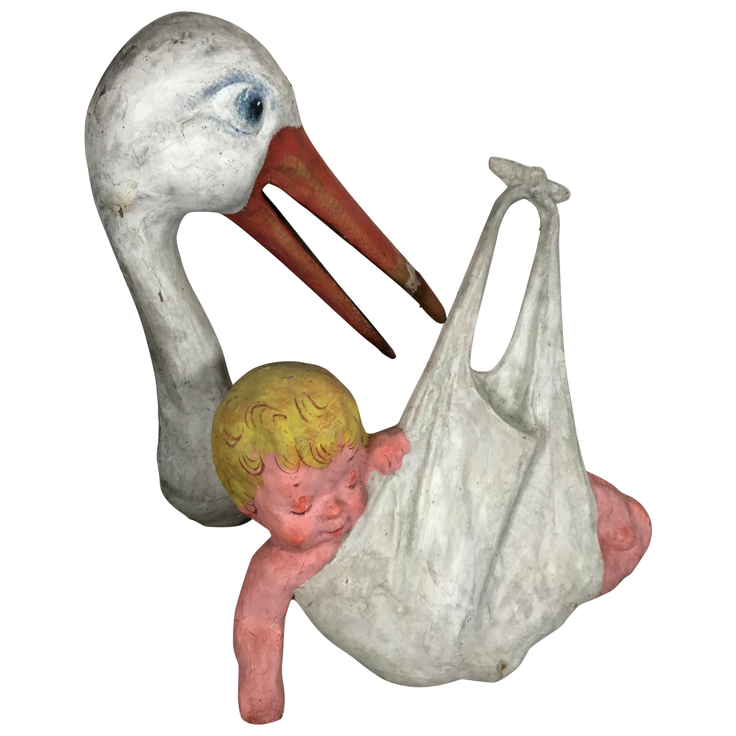 Early Papier Mâché Folk Art Store Display "Stork and Baby"