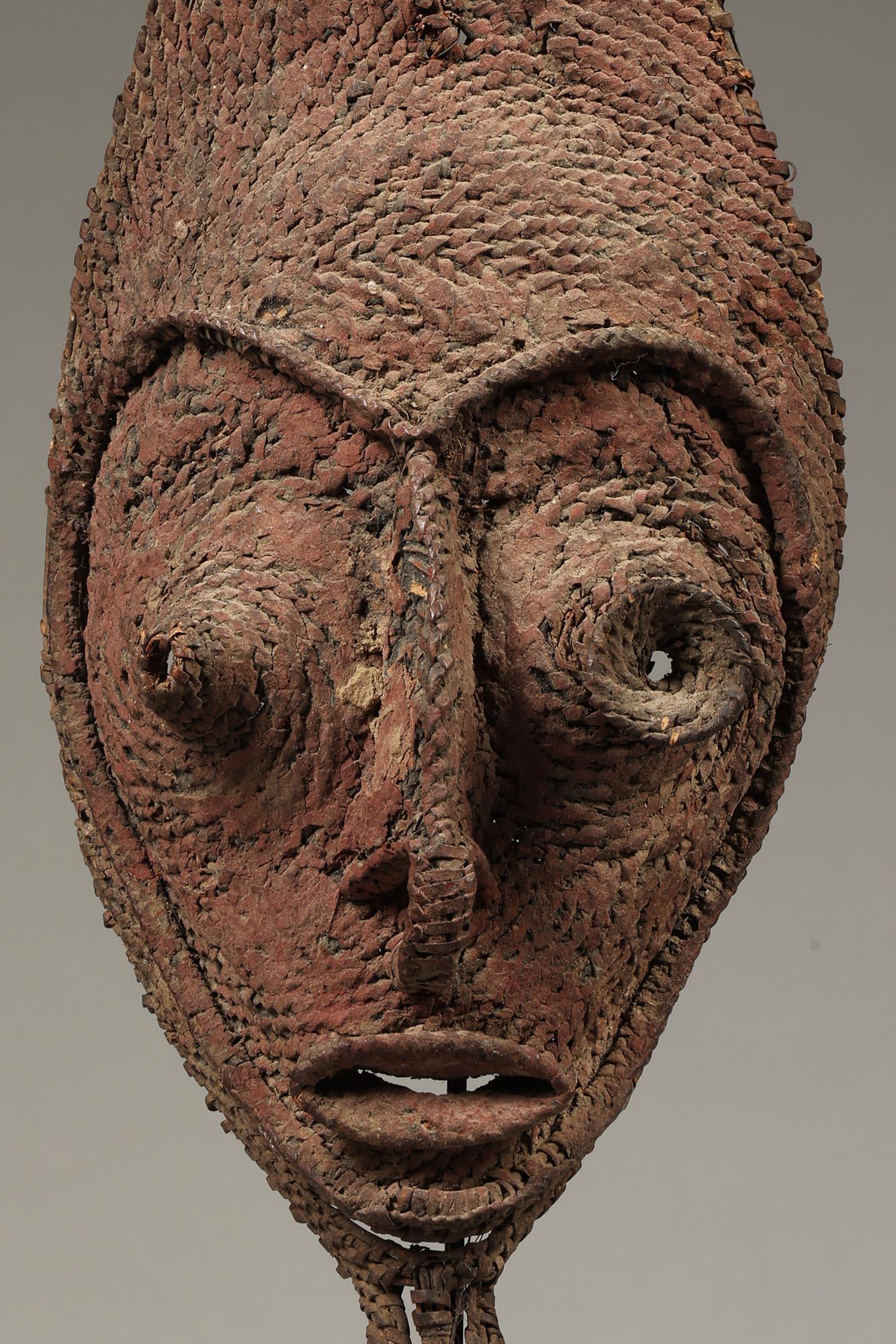 Tribal Early Papua New Guinea Sepik Woven Raffia Talipun Mask Red Pigments ex Hamson For Sale