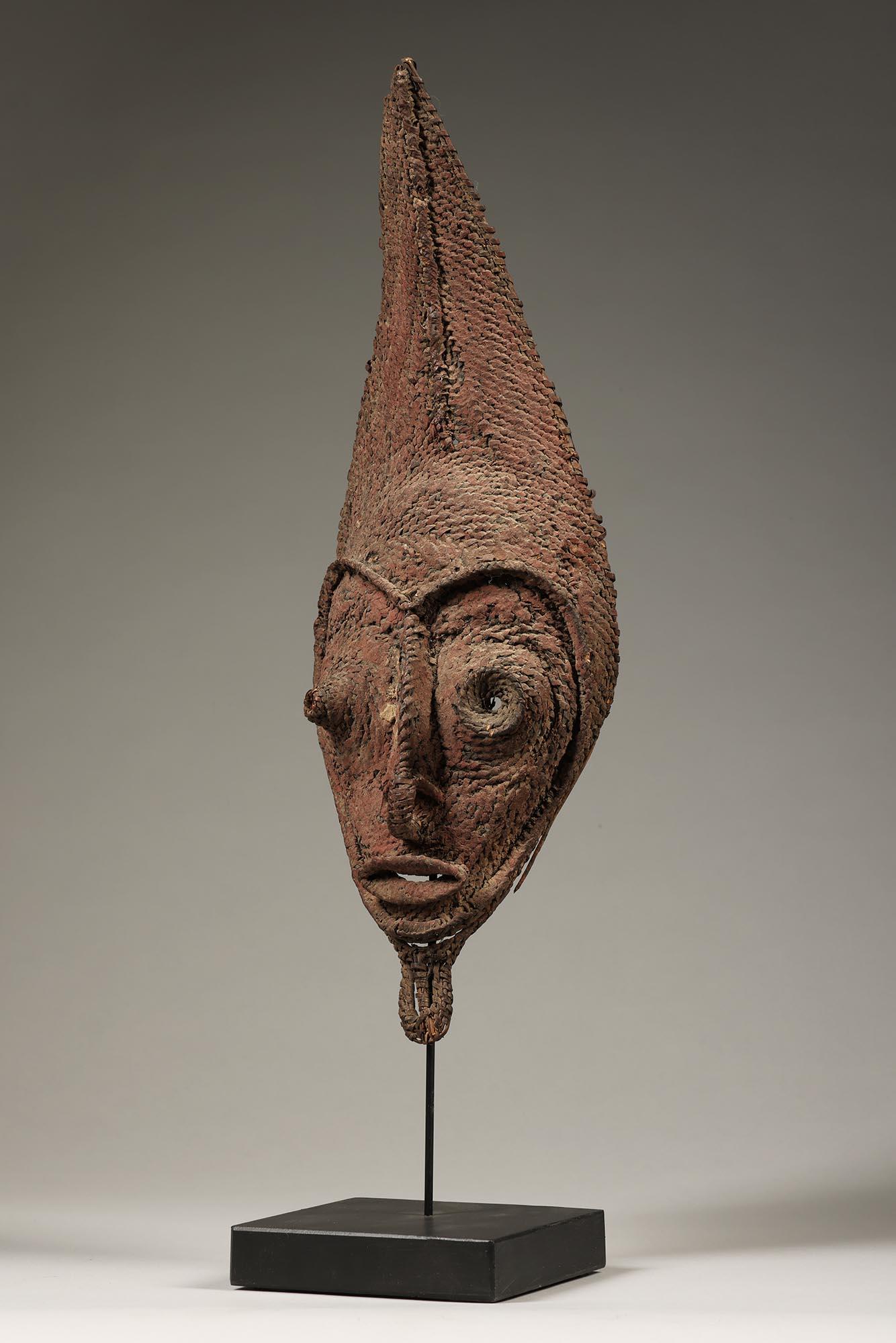 Tribal Early Papua New Guinea Sepik Woven Raffia Talipun Mask Red Pigments ex Hamson For Sale