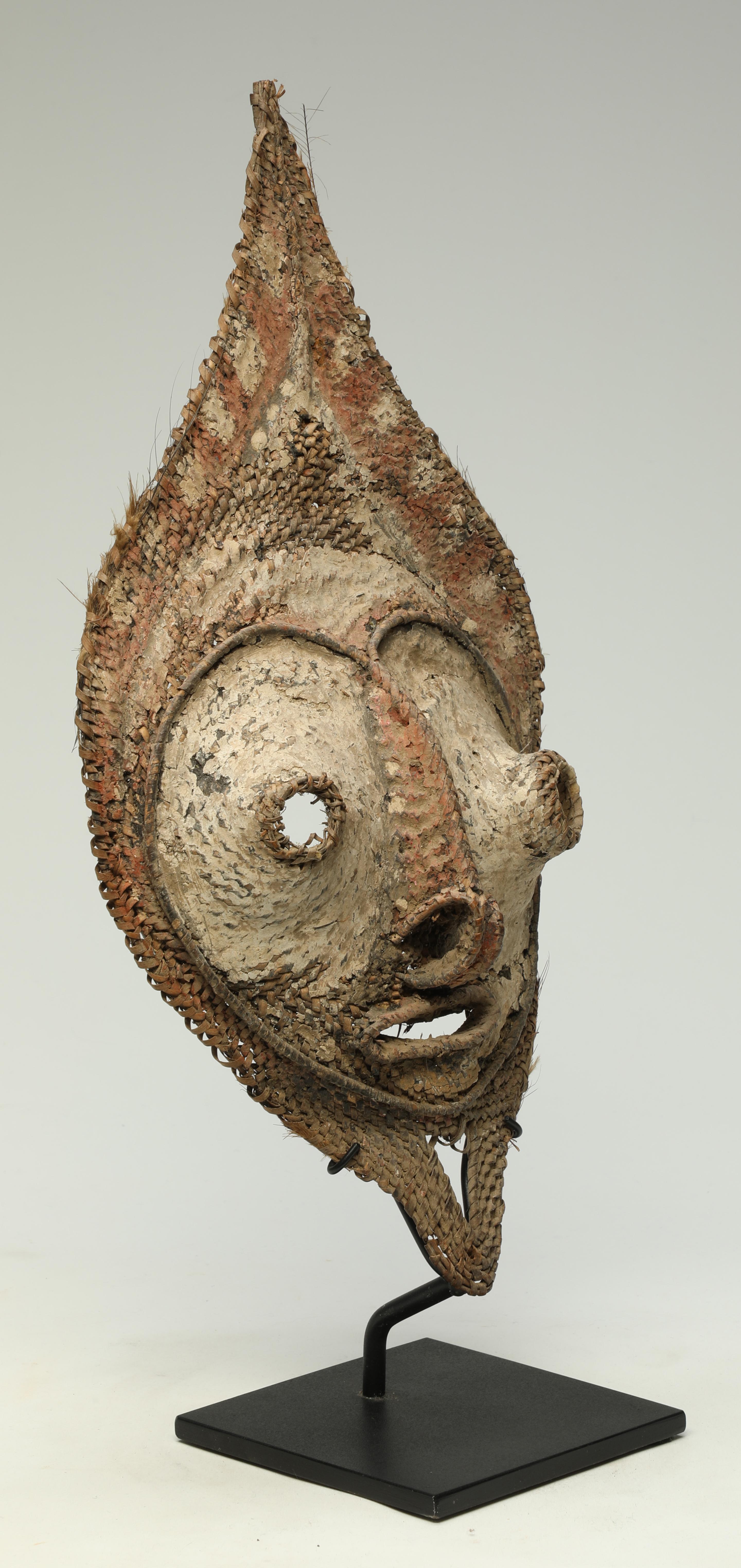 Tribal Early Papua New Guinea Sepik Woven Raffia Talipun Mask With Pigments Custom Base For Sale