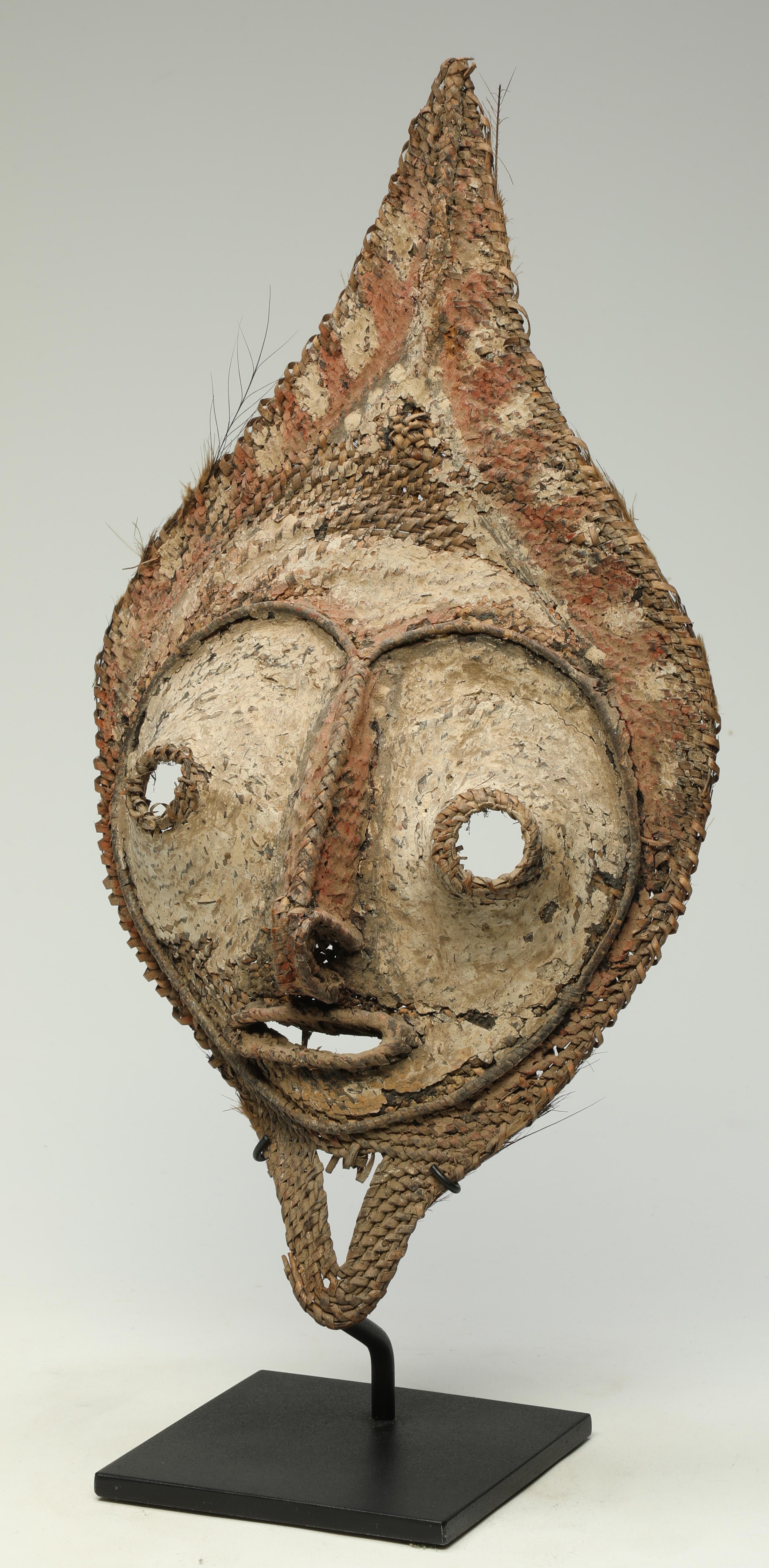 20th Century Early Papua New Guinea Sepik Woven Raffia Talipun Mask With Pigments Custom Base For Sale