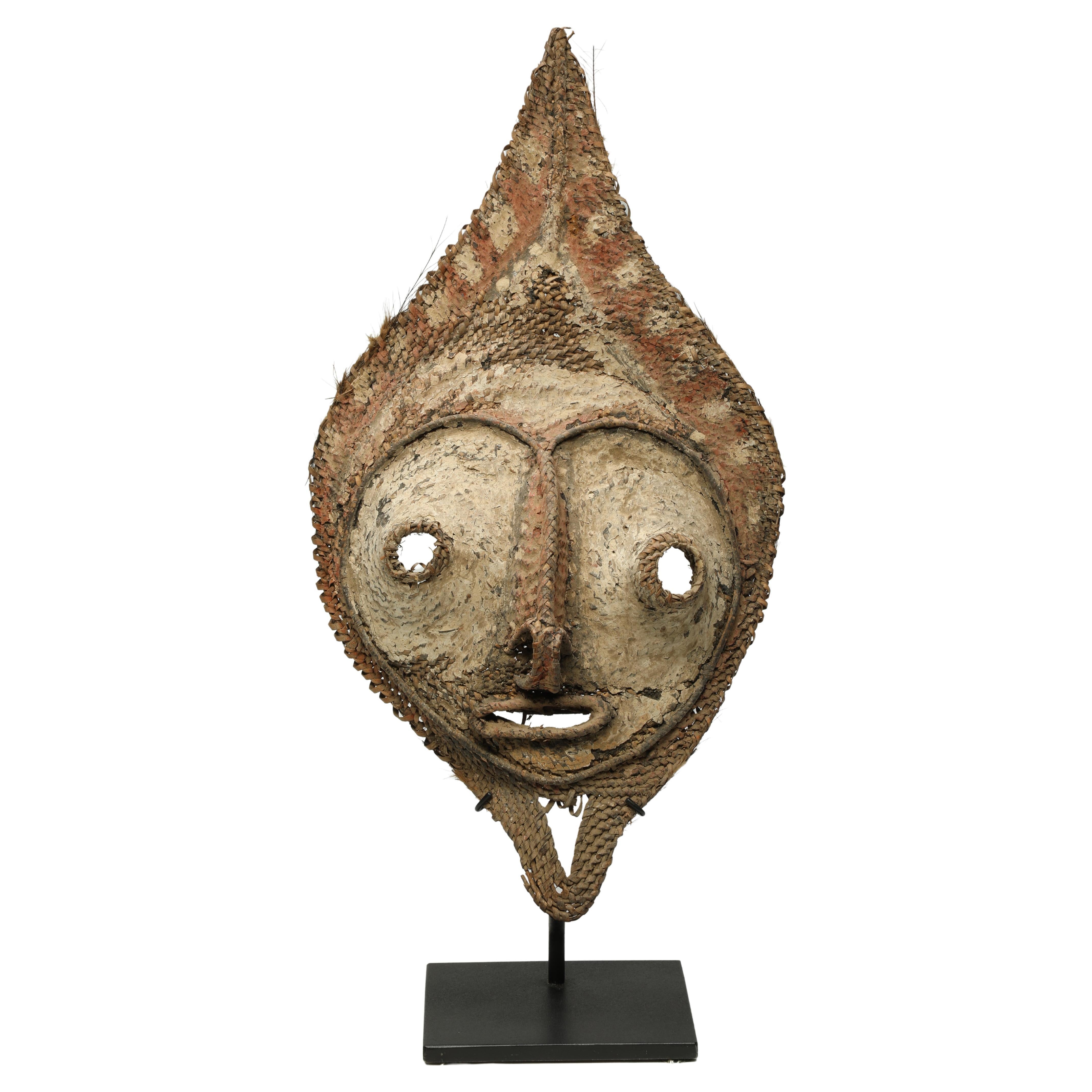 Early Papua New Guinea Sepik Woven Raffia Talipun Mask With Pigments Custom Base For Sale
