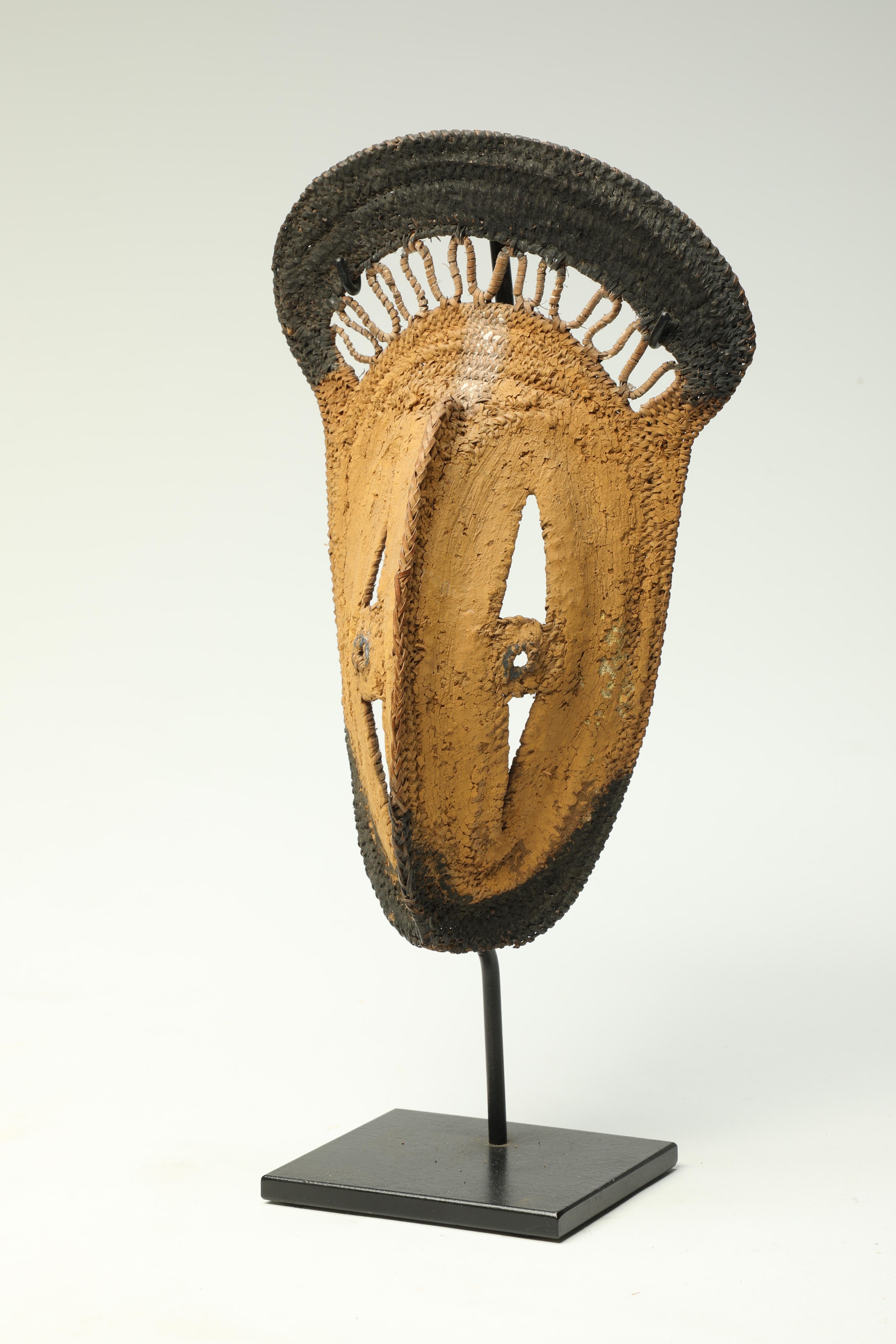 Tribal Early Papua New Guinea Sepik Woven Yam Mask Yellow Pigments on Custom Base For Sale