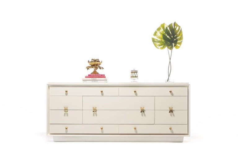 Early Paul Frankl X Brass Pull Dresser for Johnson Furniture in White Chocolate 5