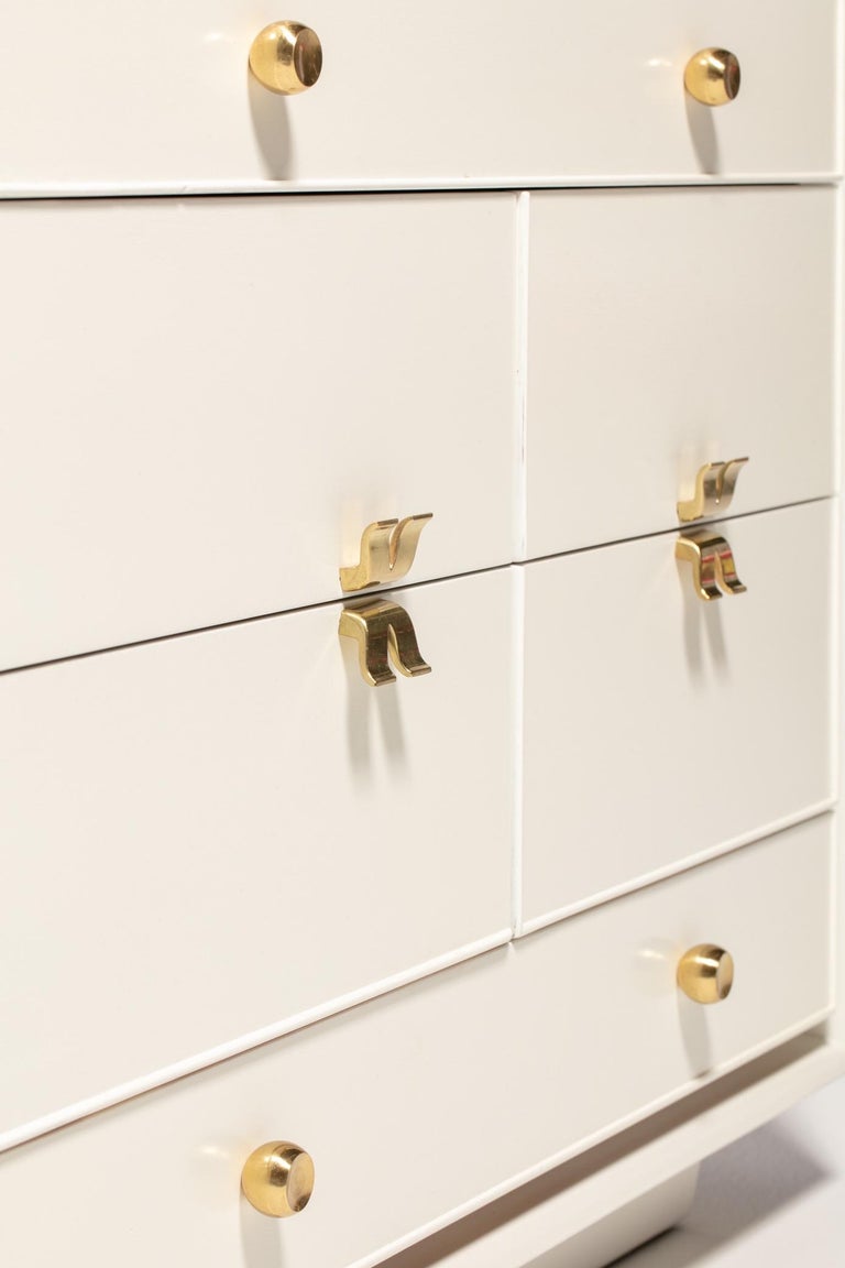 Mid-20th Century Early Paul Frankl X Brass Pull Dresser for Johnson Furniture in White Chocolate