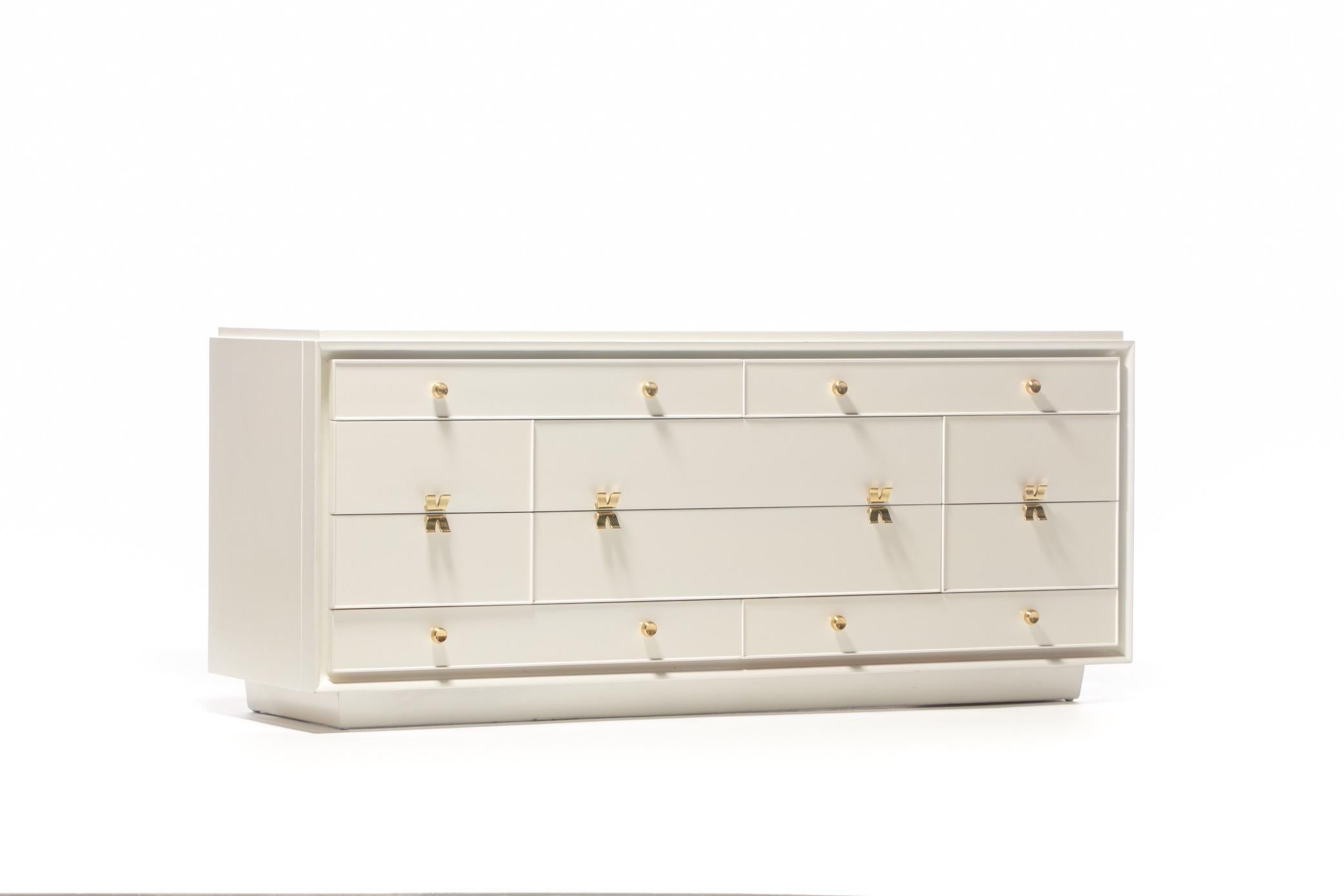 Early Paul Frankl X Brass Pull Dresser for Johnson Furniture in White Chocolate 2