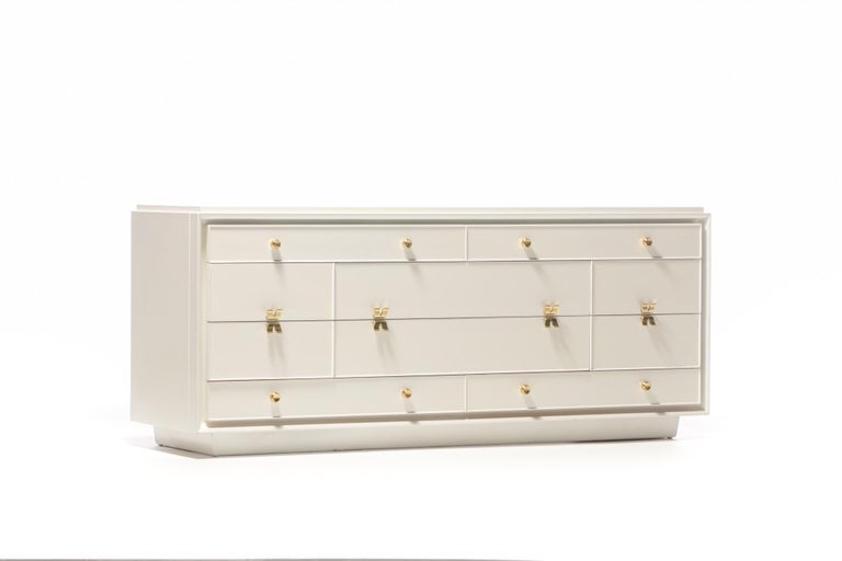 Early Paul Frankl X Brass Pull Dresser for Johnson Furniture in White Chocolate 2