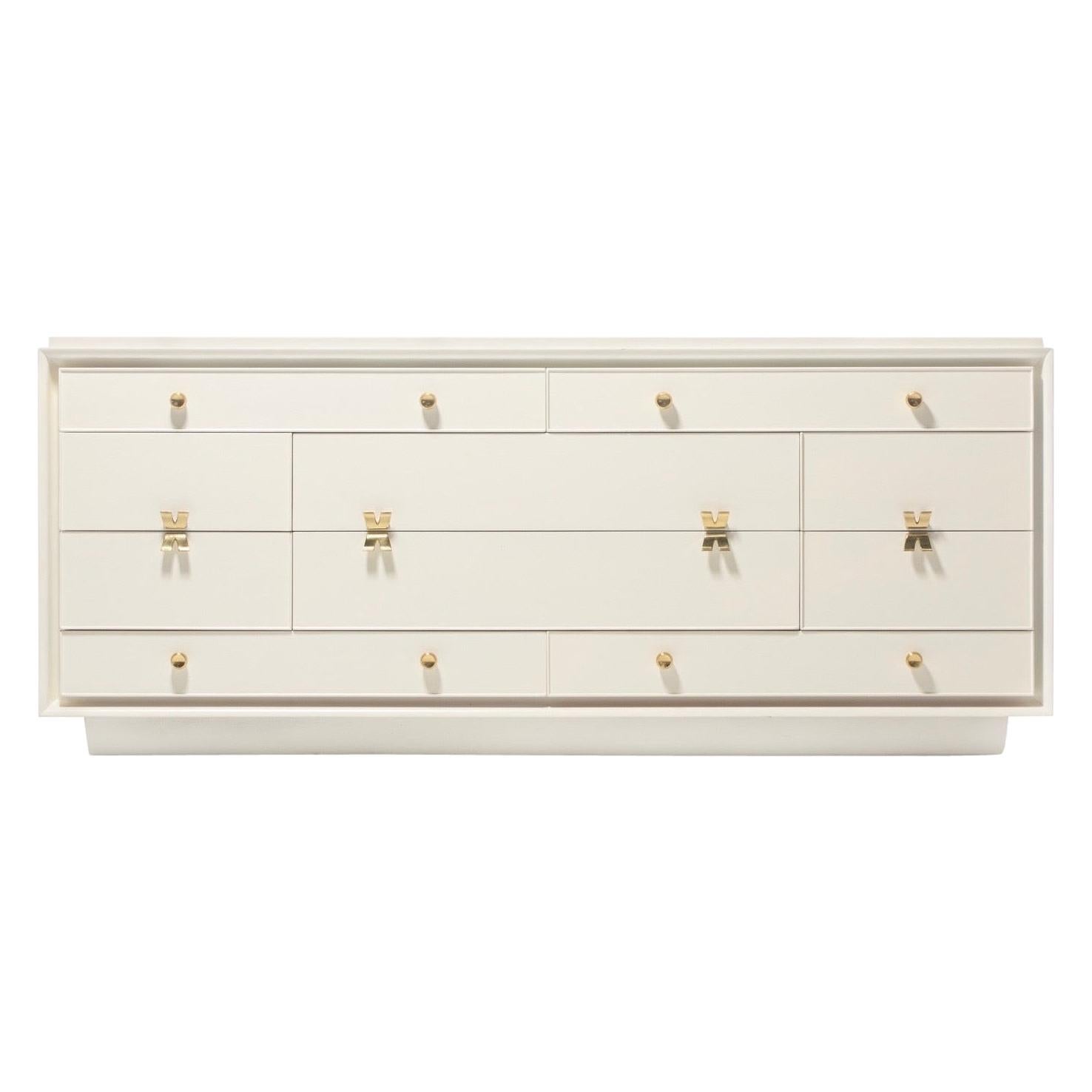 Early Paul Frankl X Brass Pull Dresser for Johnson Furniture in White Chocolate