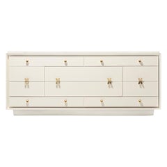 Early Paul Frankl X Brass Pull Dresser for Johnson Furniture in White Chocolate