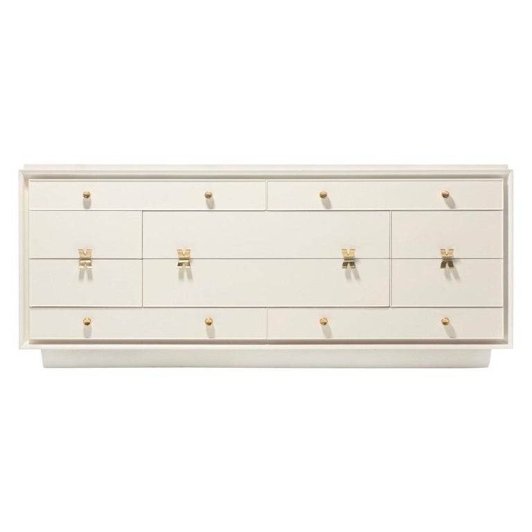 Early Paul Frankl X Brass Pull Dresser for Johnson Furniture in White Chocolate