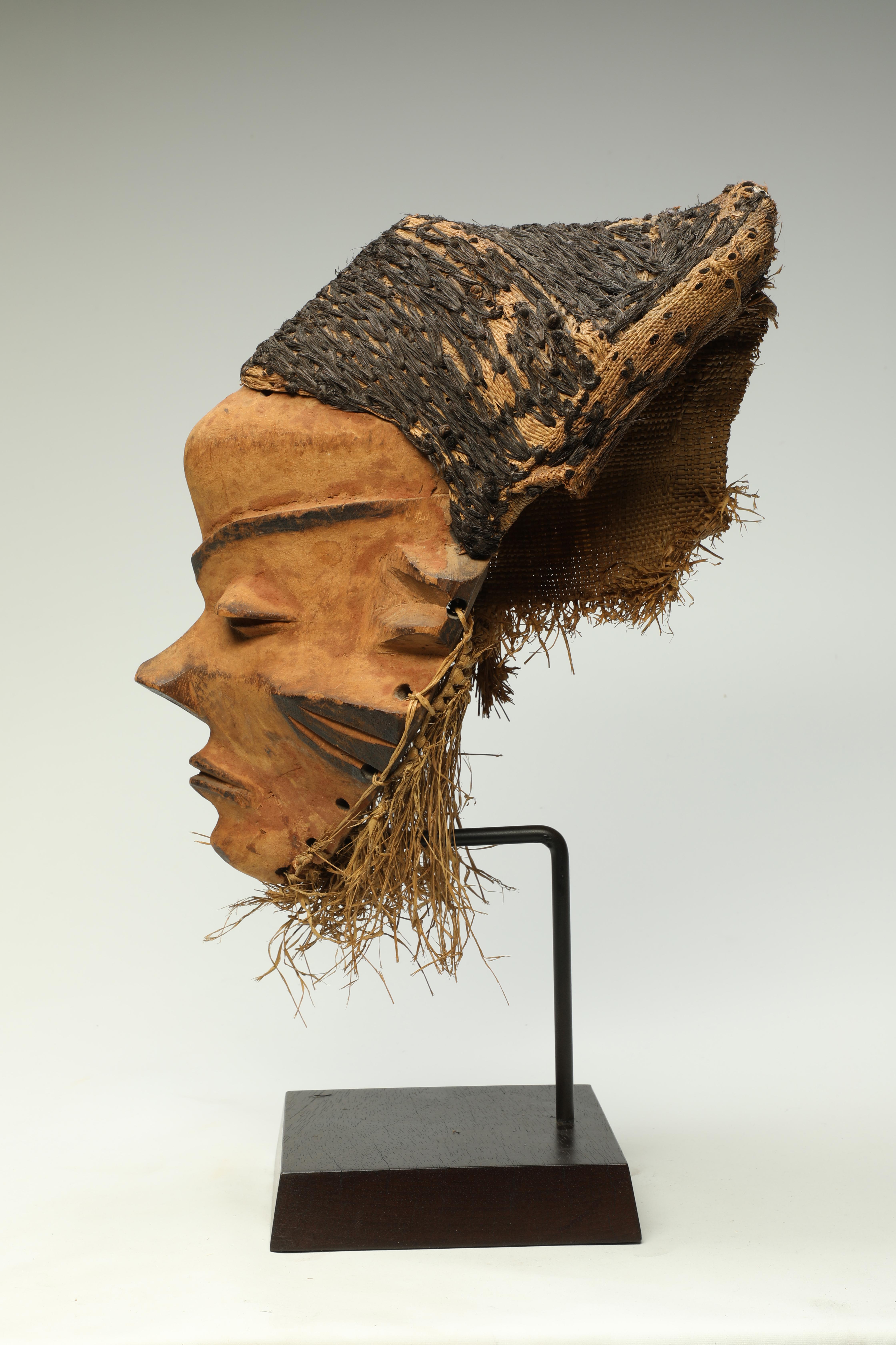 Congolese Early Pende Giwoyo Mask with Strong Face and Woven Black Raffia Hair Cap  For Sale