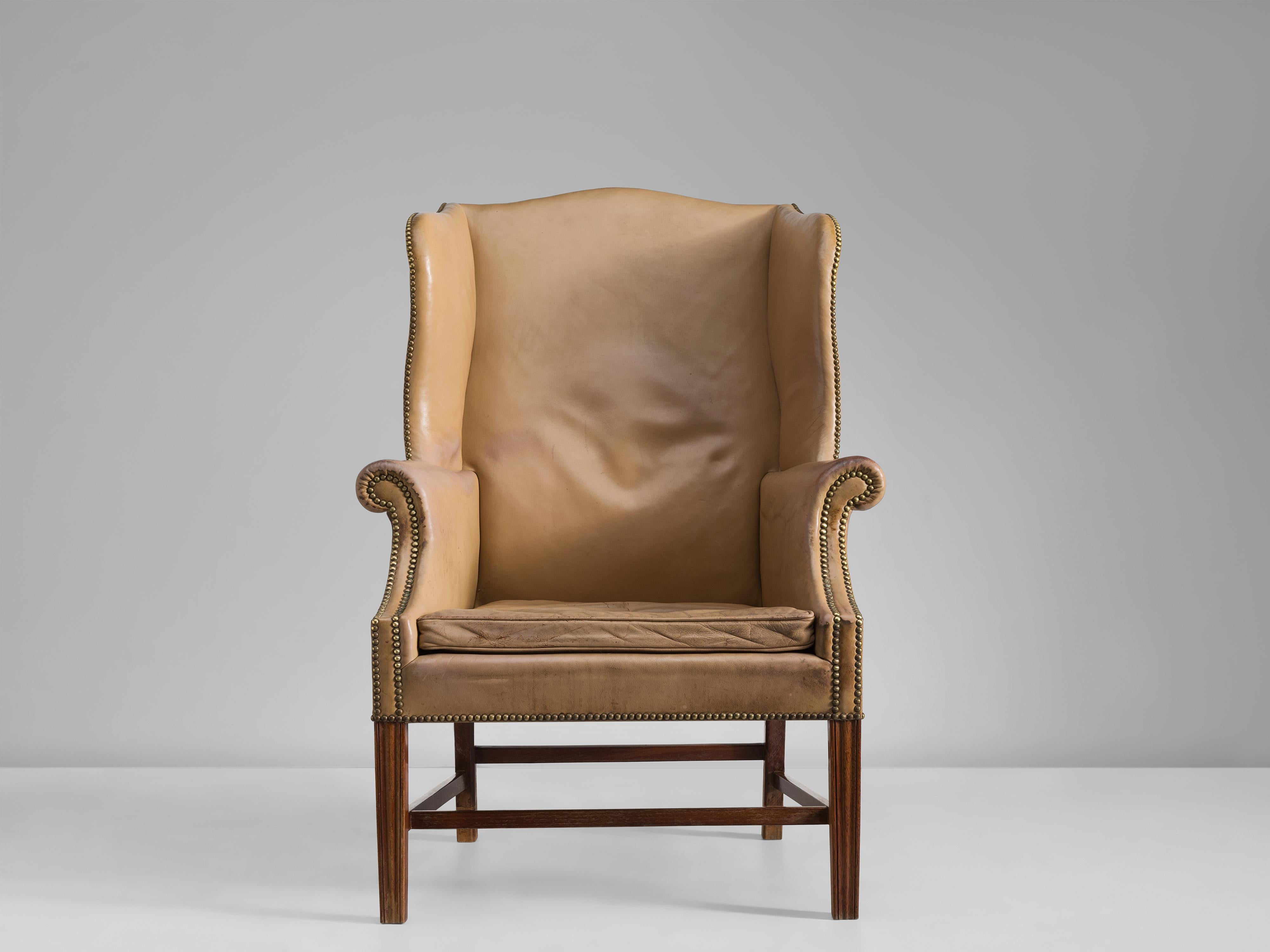 Mid-20th Century Early Peter Hvidt & Orla Mølgaard Nielsen Wingback Chair in Beige Leather  For Sale