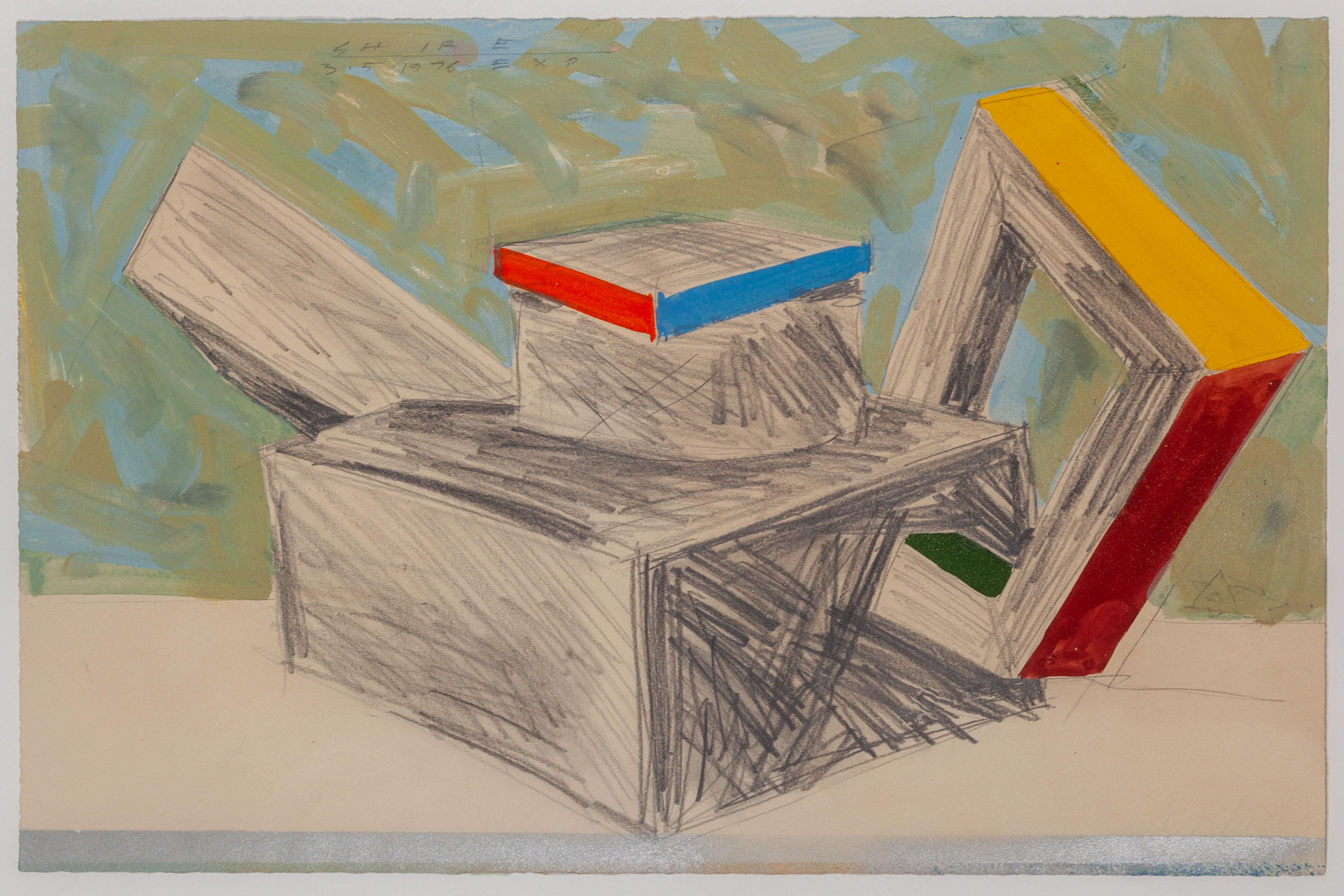 A early 1976 Peter Shire painting, already stating his never ending teapot obsession, and his taste for asymmetry and strong basic volumes in an architectural bauhaus-y and monumental way. Everything that made Peter Shire's style an emblematic part