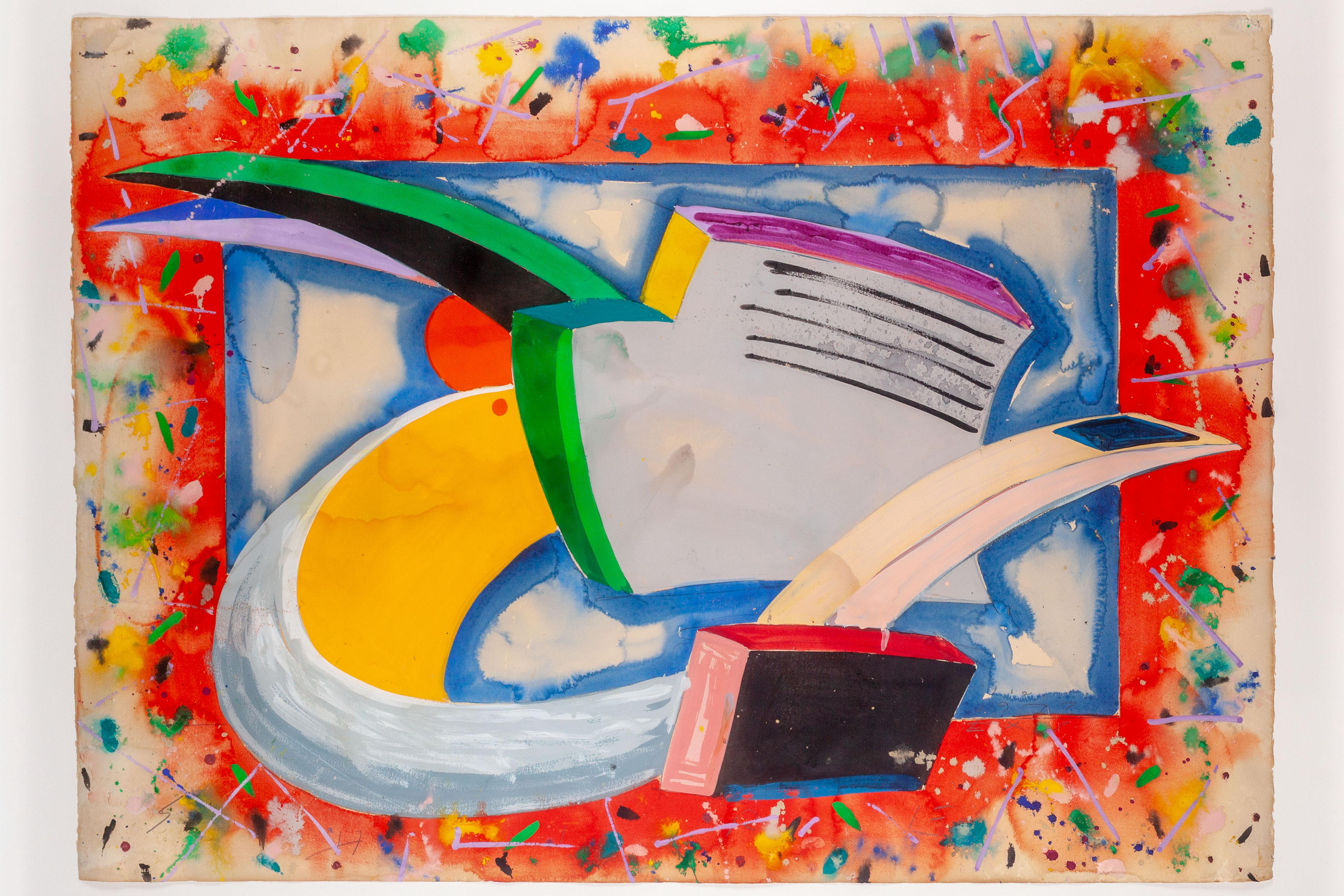 A early 1977 Peter Shire painting, already destructuring our teapots with his kindly-irreverent taste for asymmetry, for impossible architecture and color feelings explosion expressed in the most Californian color palette. Everything that made Peter