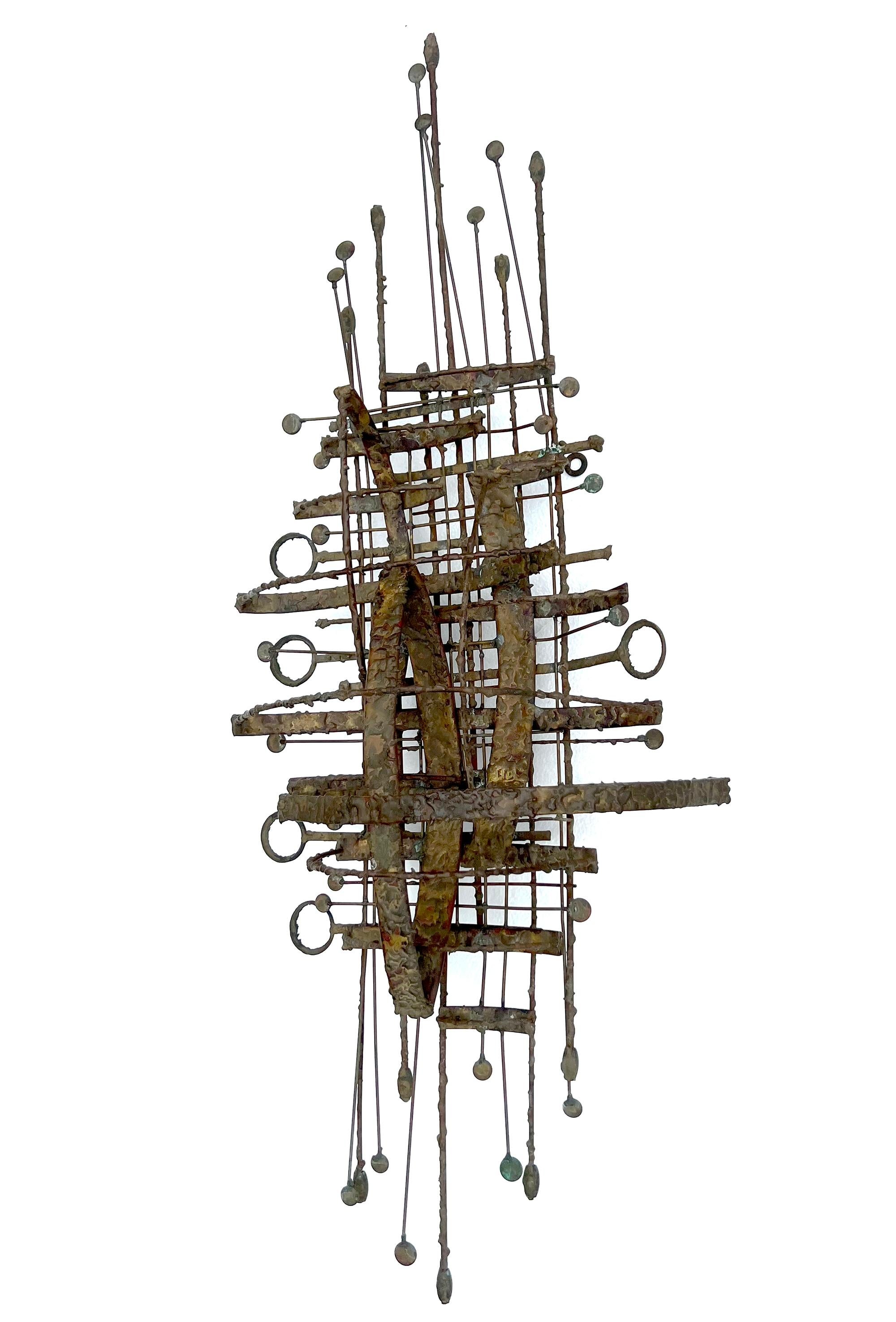 Large scale, torched steel and copper abstract modernist sculpture by listed artist Phil Rowe of Chicago, Illinois. Sculpture can be hung both vertically and horizontally and is equipped with built in hook hangers. Piece measures 42