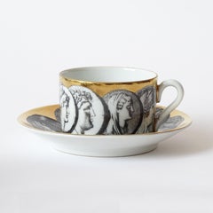 Early Piero Fornasetti Set of Six Cameos Porcelain Tea Cups and Saucers, 1950s