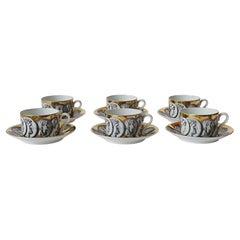 Early Piero Fornasetti Set of Six Cameos Porcelain Tea Cups and Saucers, 1950s