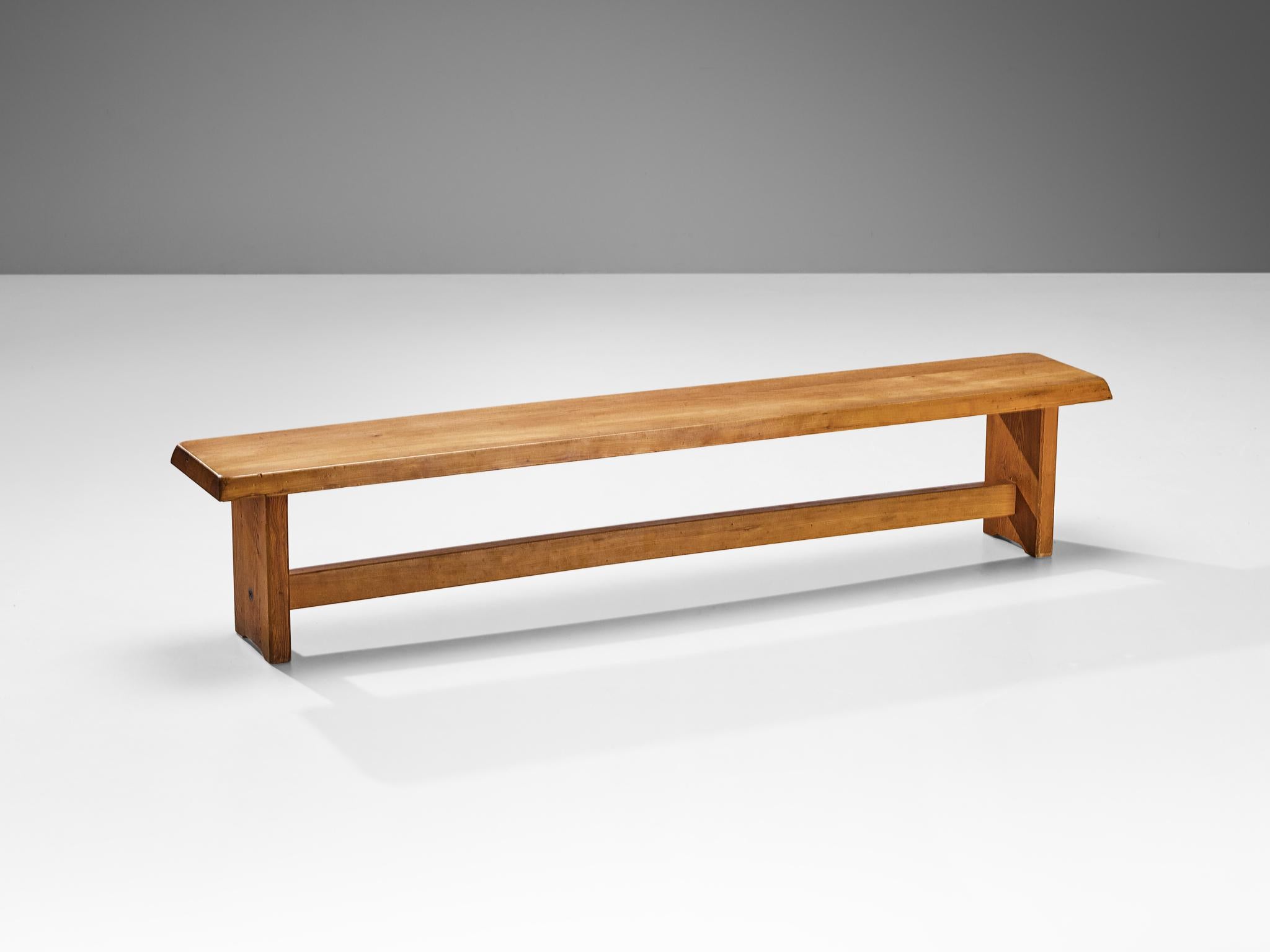 Pierre Chapo, bench, model 'S14D', solid elm, France, circa 1960

The elm bench is an exquisite creation designed by the renowned French designer, Pierre Chapo. Its rectangular top showcases gently sloping edges, gracefully supported by a