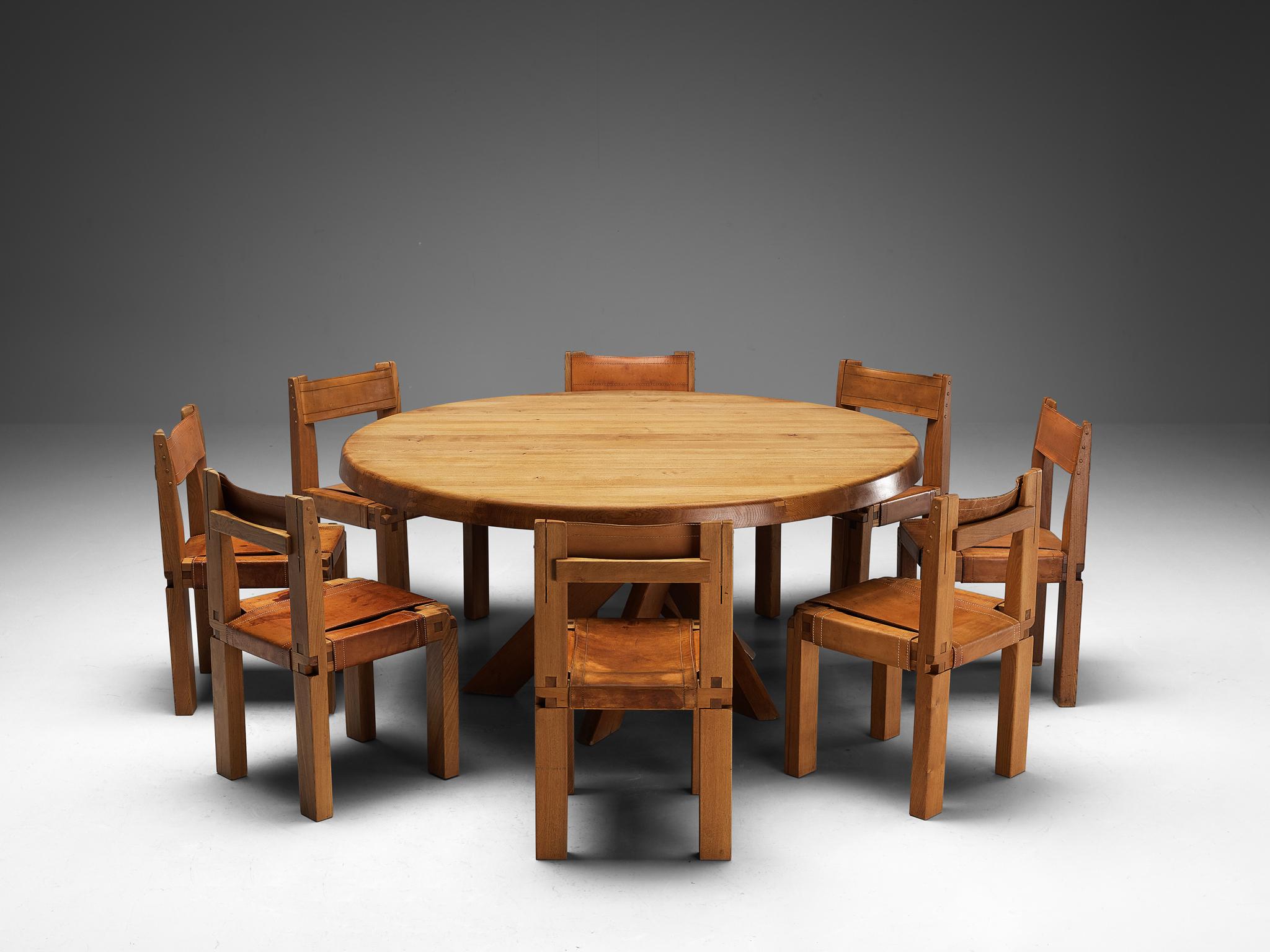 Leather Early Pierre Chapo Dining Set With T21E Table and Twelve S11 Dining Chairs  For Sale