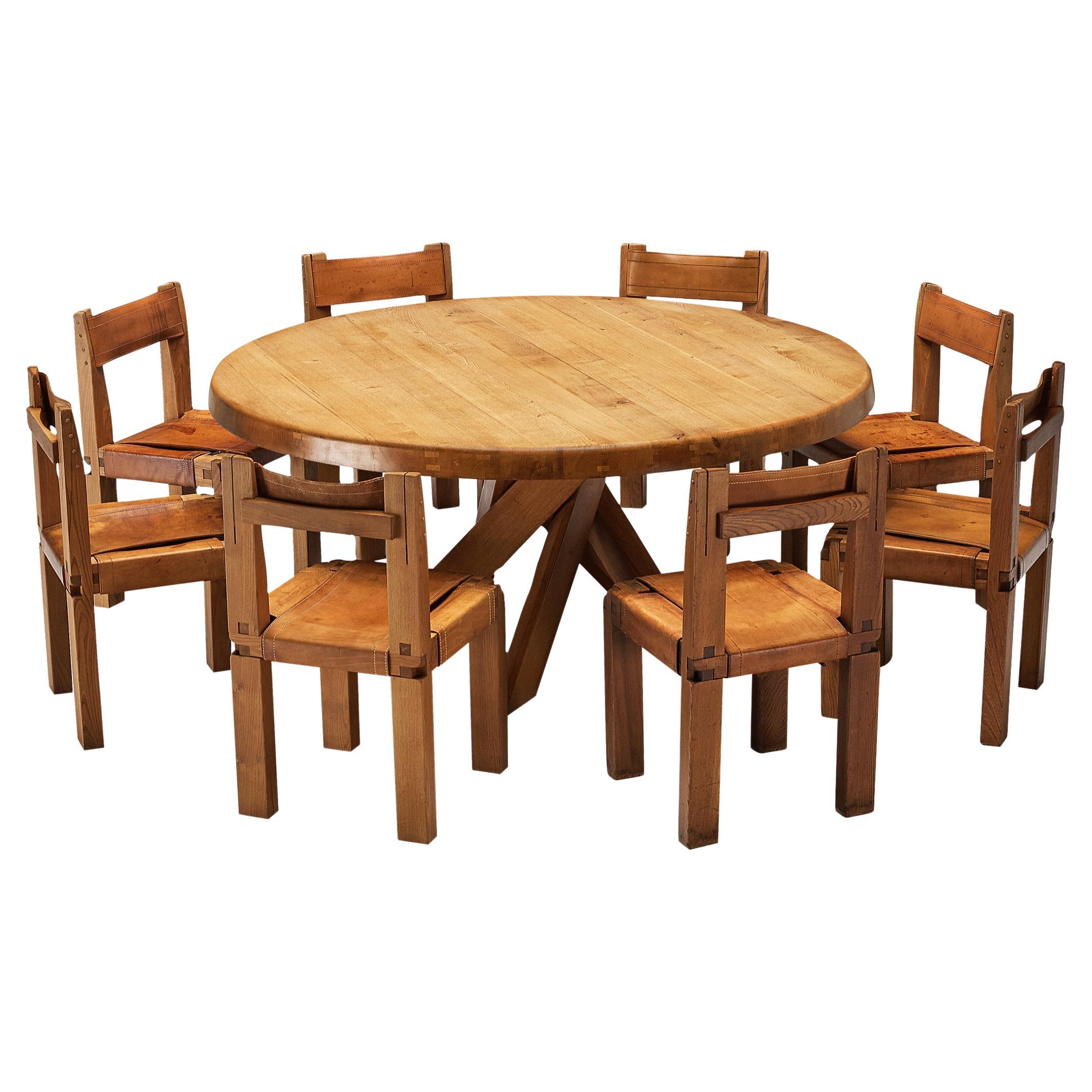 Early Pierre Chapo Dining Set With T21E Table and Twelve S11 Dining Chairs  For Sale