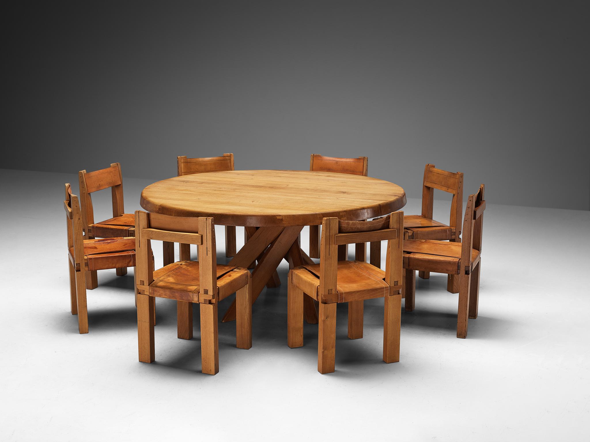 Mid-Century Modern Table de salle à manger T21E et huit chaises de salle à manger S11 160cm/62.99in Early Pierre Chapo Dining Table T21E and Eight S11 Dining Chairs 160cm/62.99in. en vente