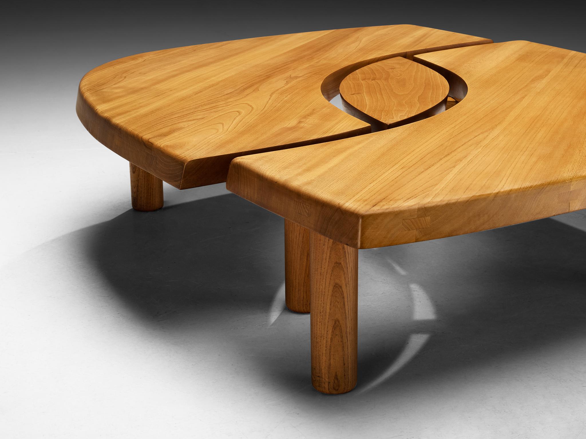 Mid-Century Modern Pierre Chapo grande table basse « L'oeil » en orme massif T22C