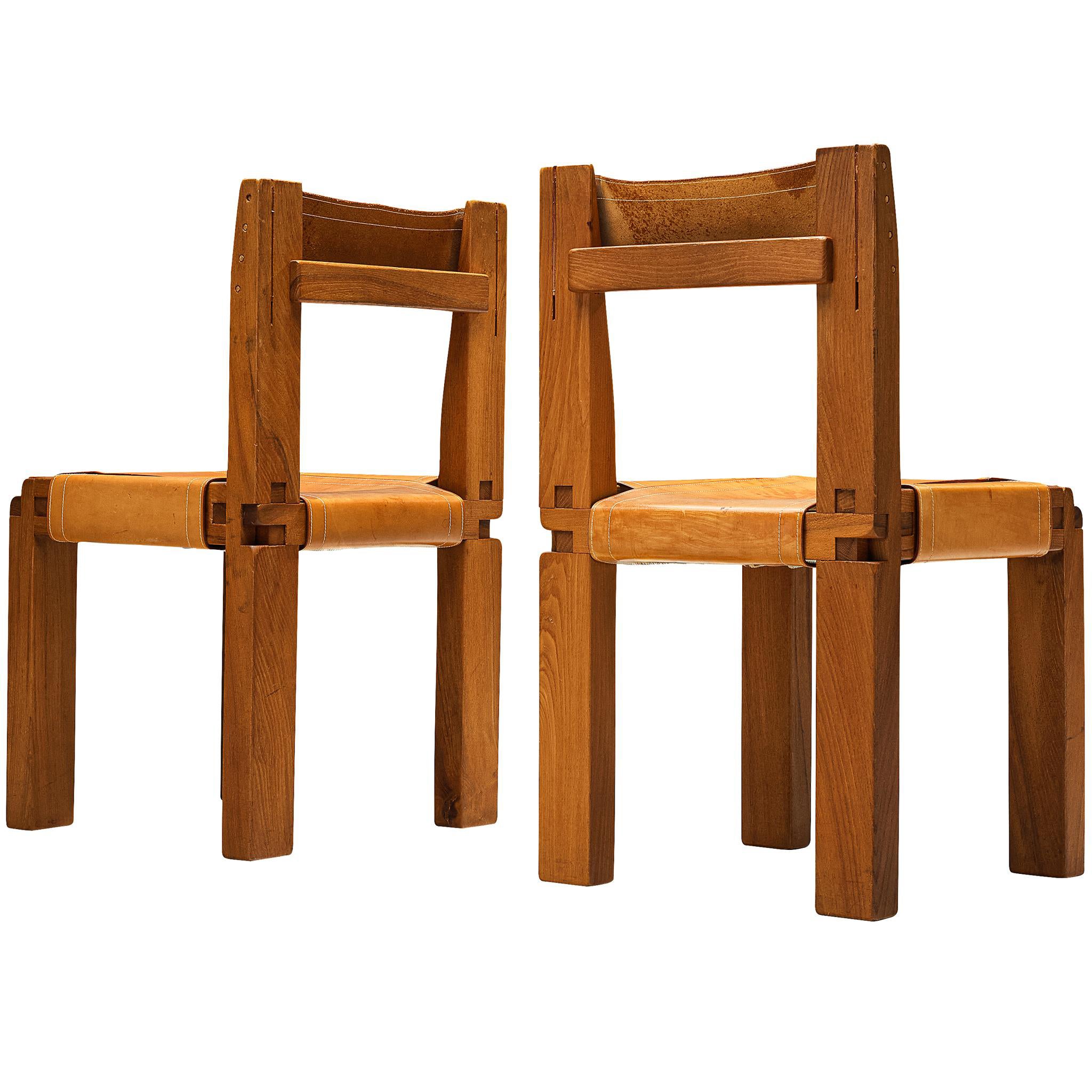 Early Pierre Chapo 
S11
 Dining Chair in Solid Elm and Cognac Leather For Sale