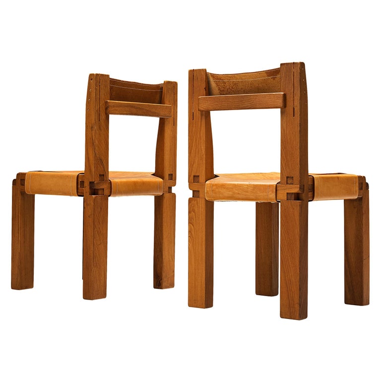 Early Pierre Chapo 'S11' Dining Chairs in Solid Elm and Cognac Leather
