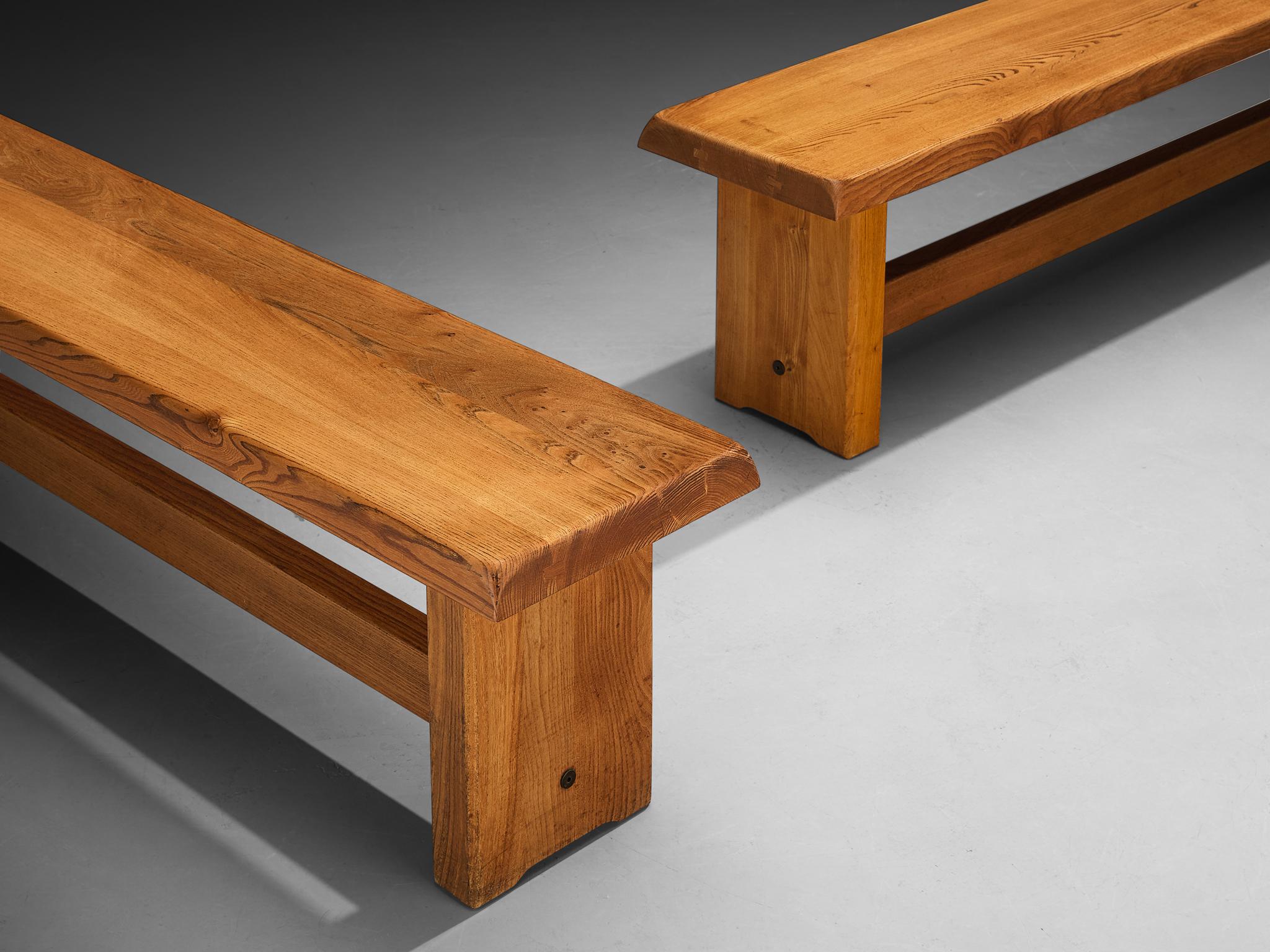 Early Pierre Chapo 'S14B' Benches in Solid Elm In Good Condition In Waalwijk, NL