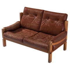 Early Pierre Chapo 'S22' Sofa in Elm and Brown Leather