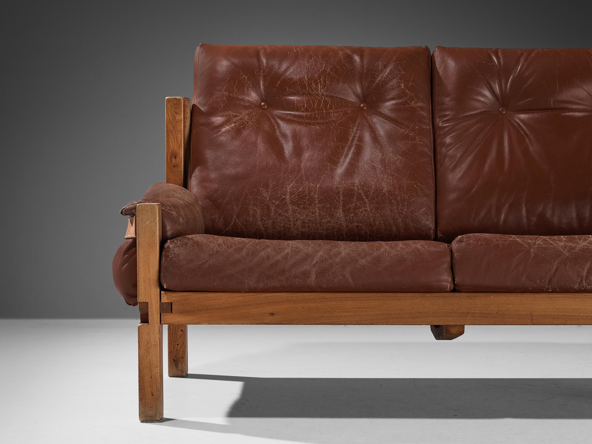 French Early Pierre Chapo 'S22' Sofa in Elm and Brown Leather For Sale