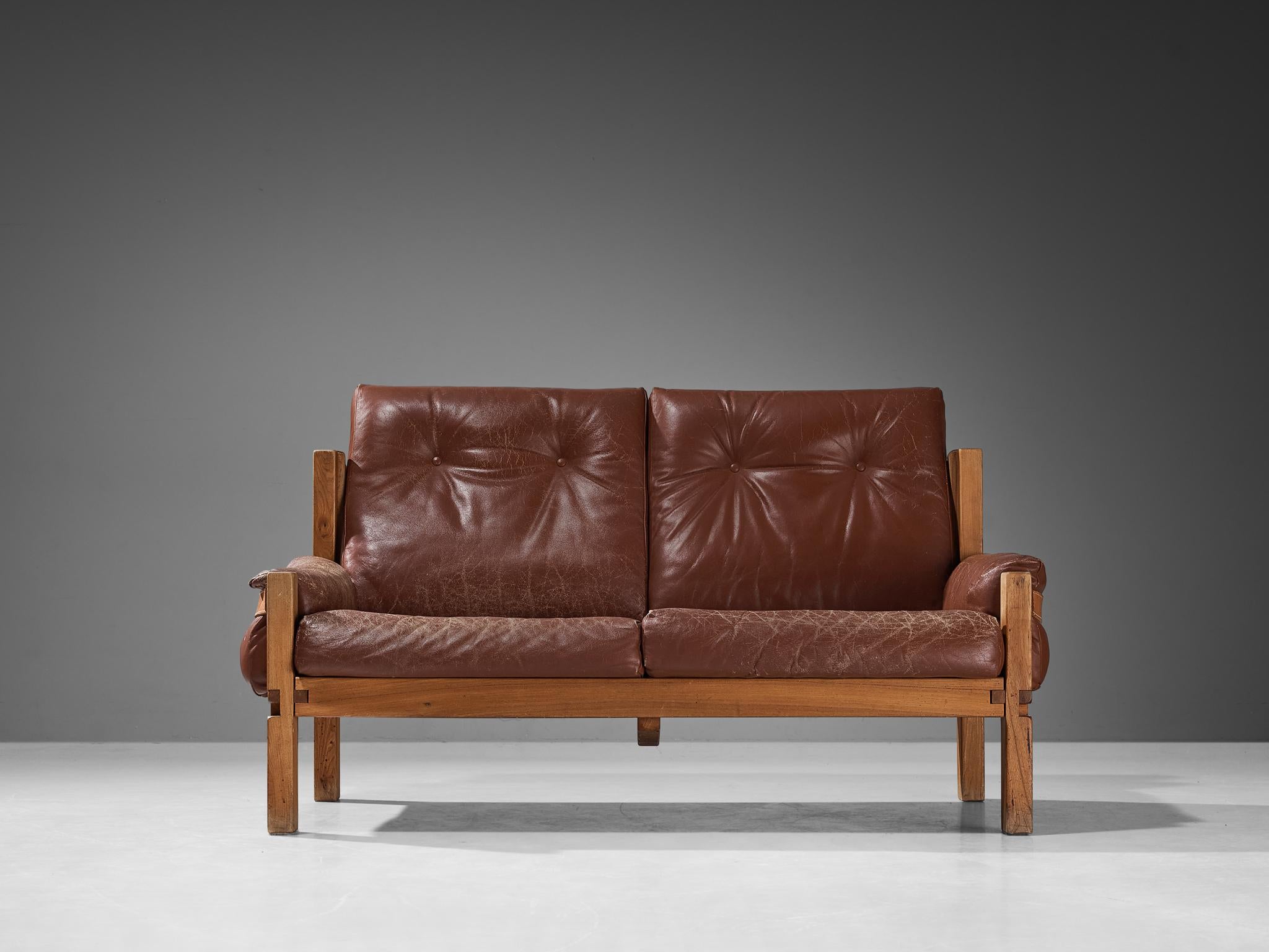 Early Pierre Chapo 'S22' Sofa in Elm and Brown Leather In Good Condition For Sale In Waalwijk, NL