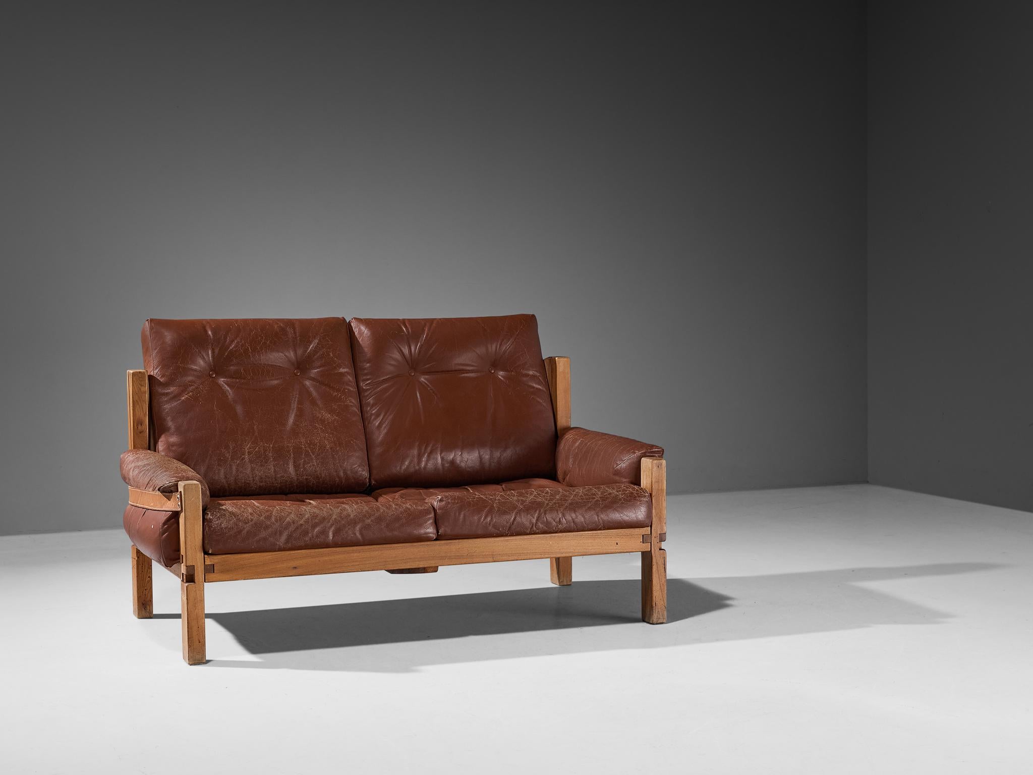 Early Pierre Chapo 'S22' Sofa in Elm and Brown Leather For Sale 1