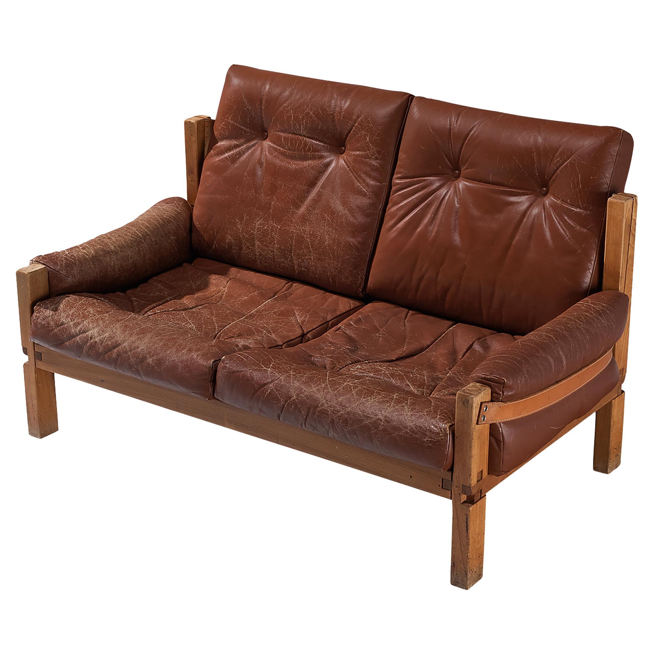 Early Pierre Chapo 'S22' Sofa in Elm and Brown Leather For Sale