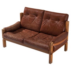 Retro Early Pierre Chapo 'S22' Sofa in Elm and Brown Leather
