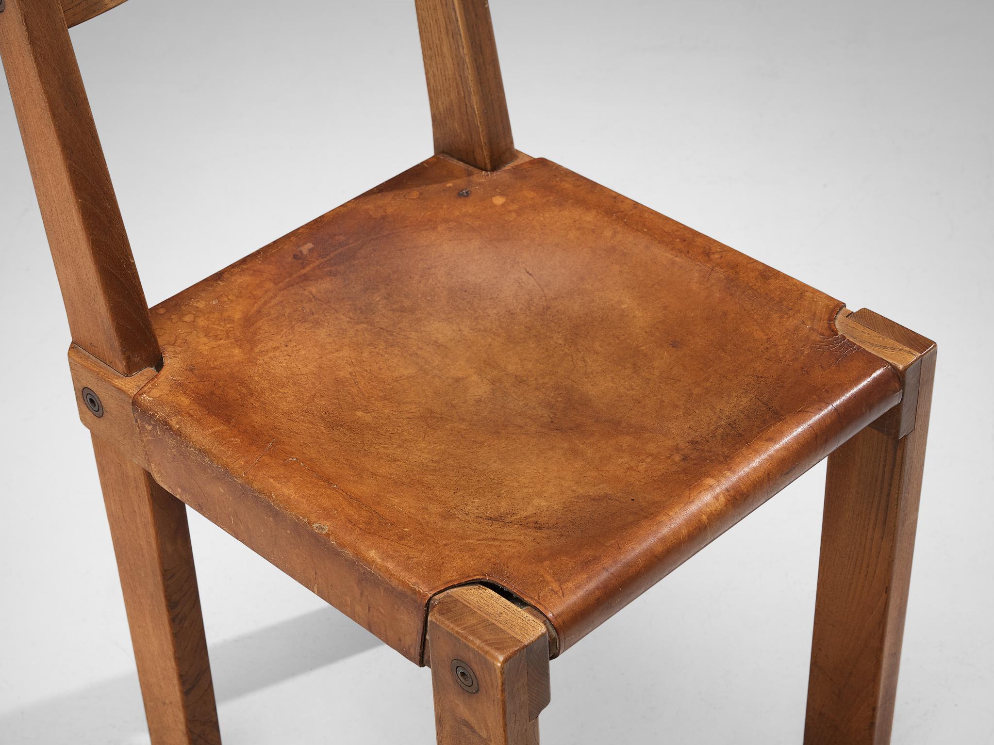 Early Pierre Chapo 'S24' Dining Chairs in Cognac Leather and Elm In Good Condition For Sale In Waalwijk, NL