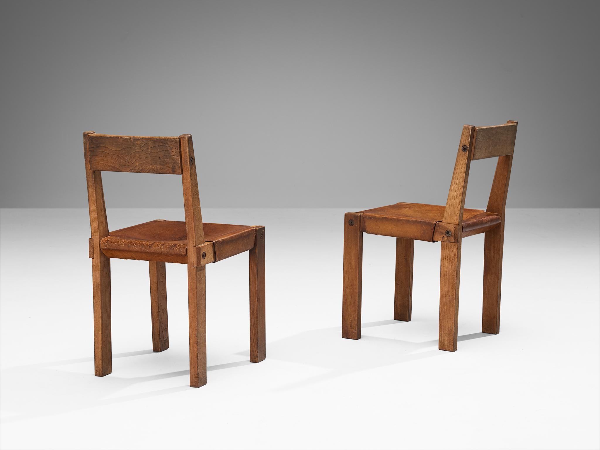 Mid-20th Century Early Pierre Chapo 'S24' Dining Chairs in Cognac Leather and Elm For Sale