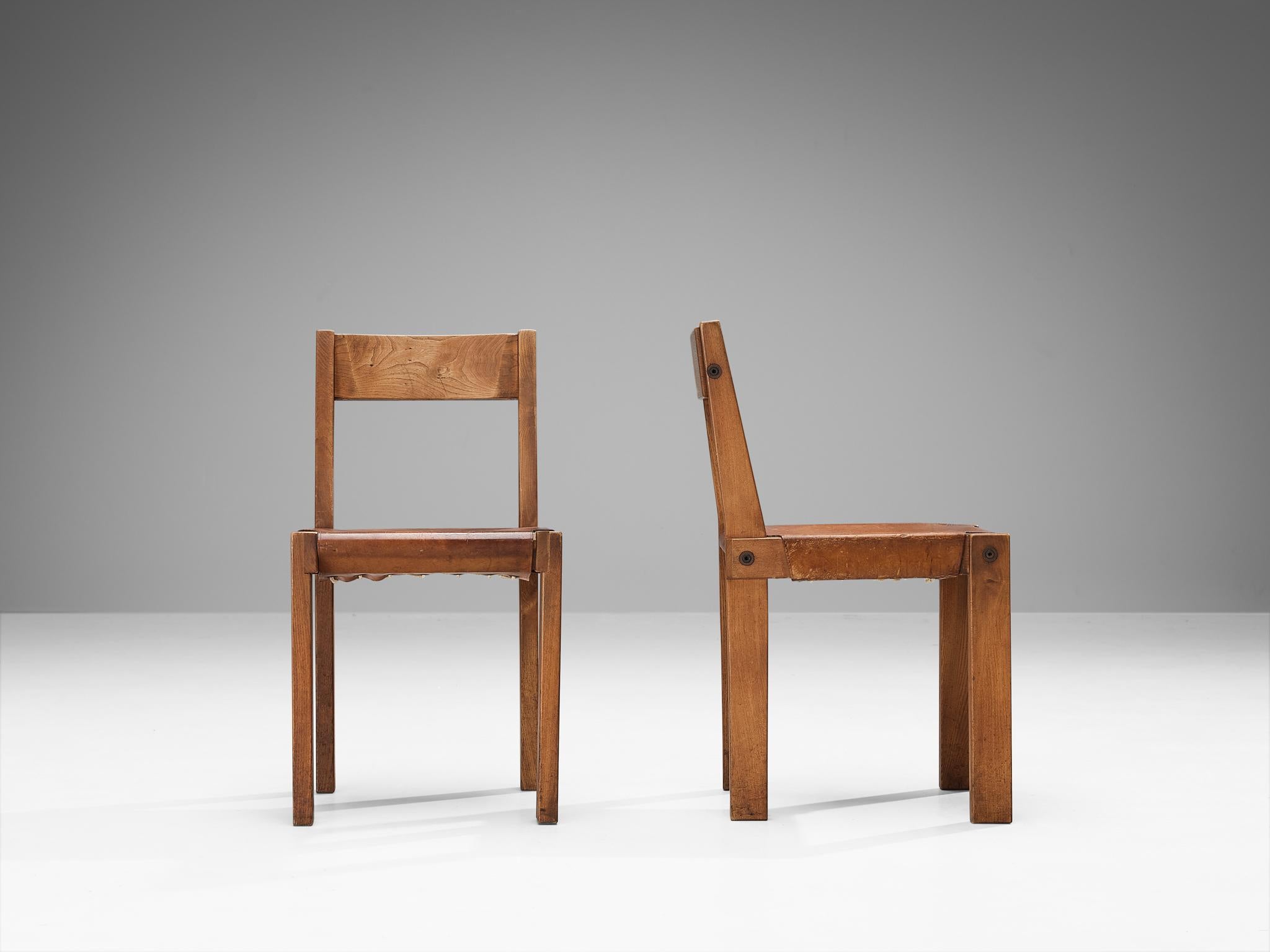 Early Pierre Chapo 'S24' Dining Chairs in Cognac Leather and Elm For Sale 2