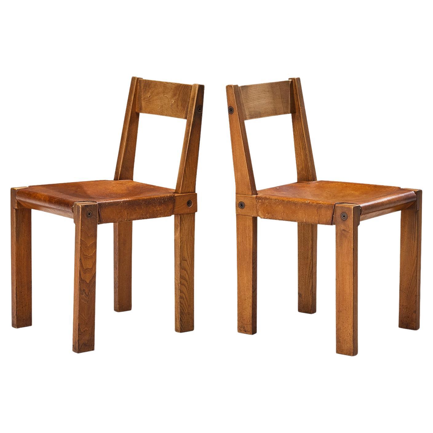 Les premières chaises de salle à manger S24 de Pierre Chapo en cuir et orme cognac en vente