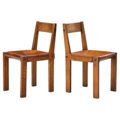 Early Pierre Chapo 'S24' Dining Chairs in Cognac Leather and Elm
