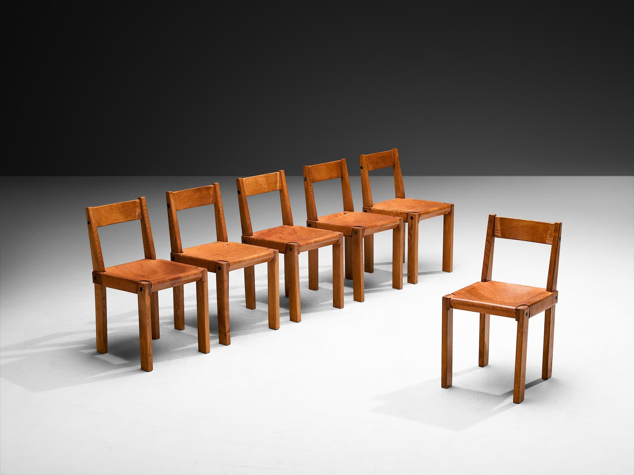 Early Pierre Chapo 'S24' Set of Six Dining Chairs in Cognac Leather and Elm in vendita 3