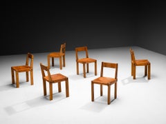 Ensemble de six chaises de salle à manger en cuir cognac et orme, Pierre Chapo 'S24', d'époque